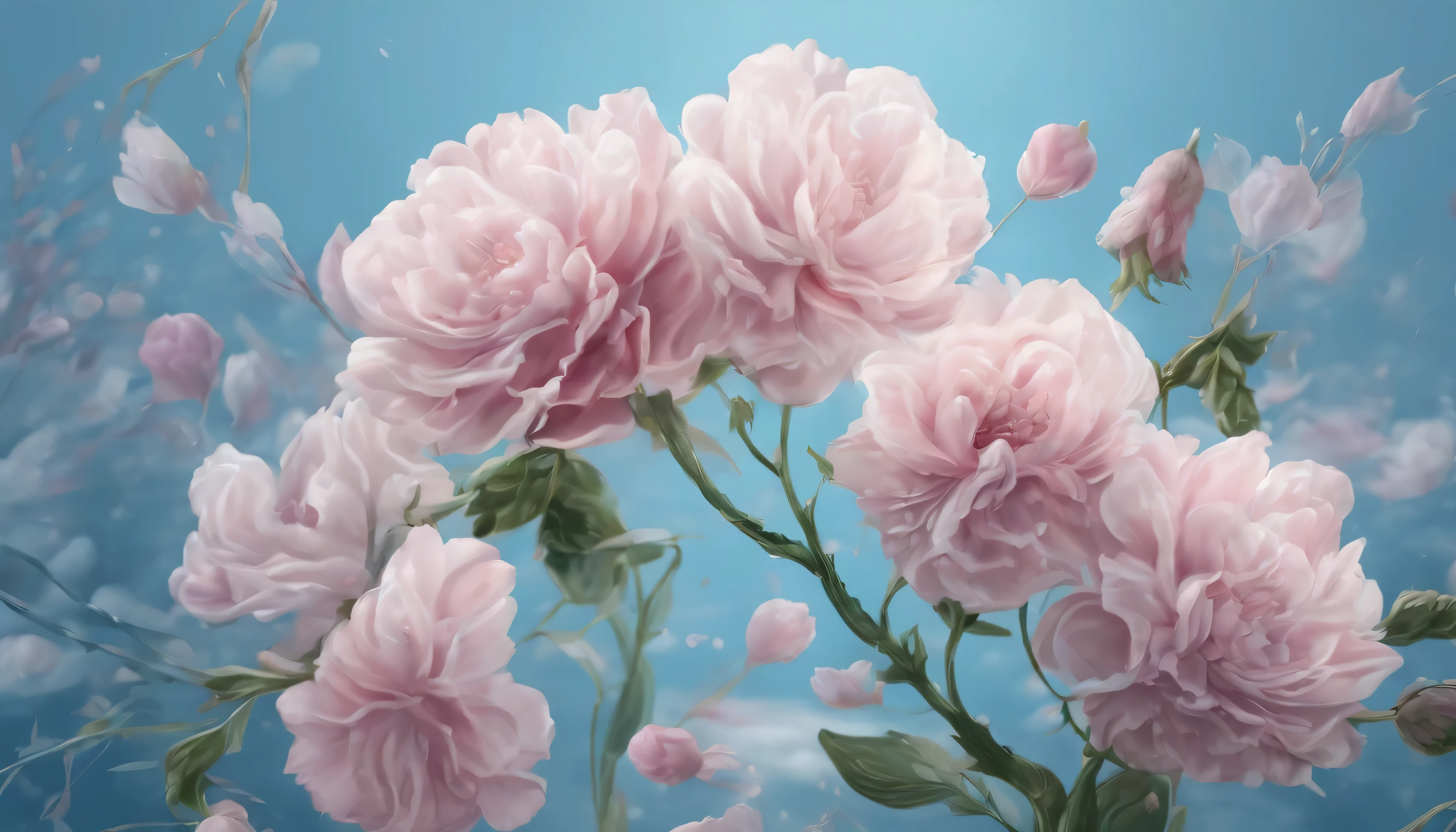 small river, soft pink pea flower, blue sky and white coulds, deep colors