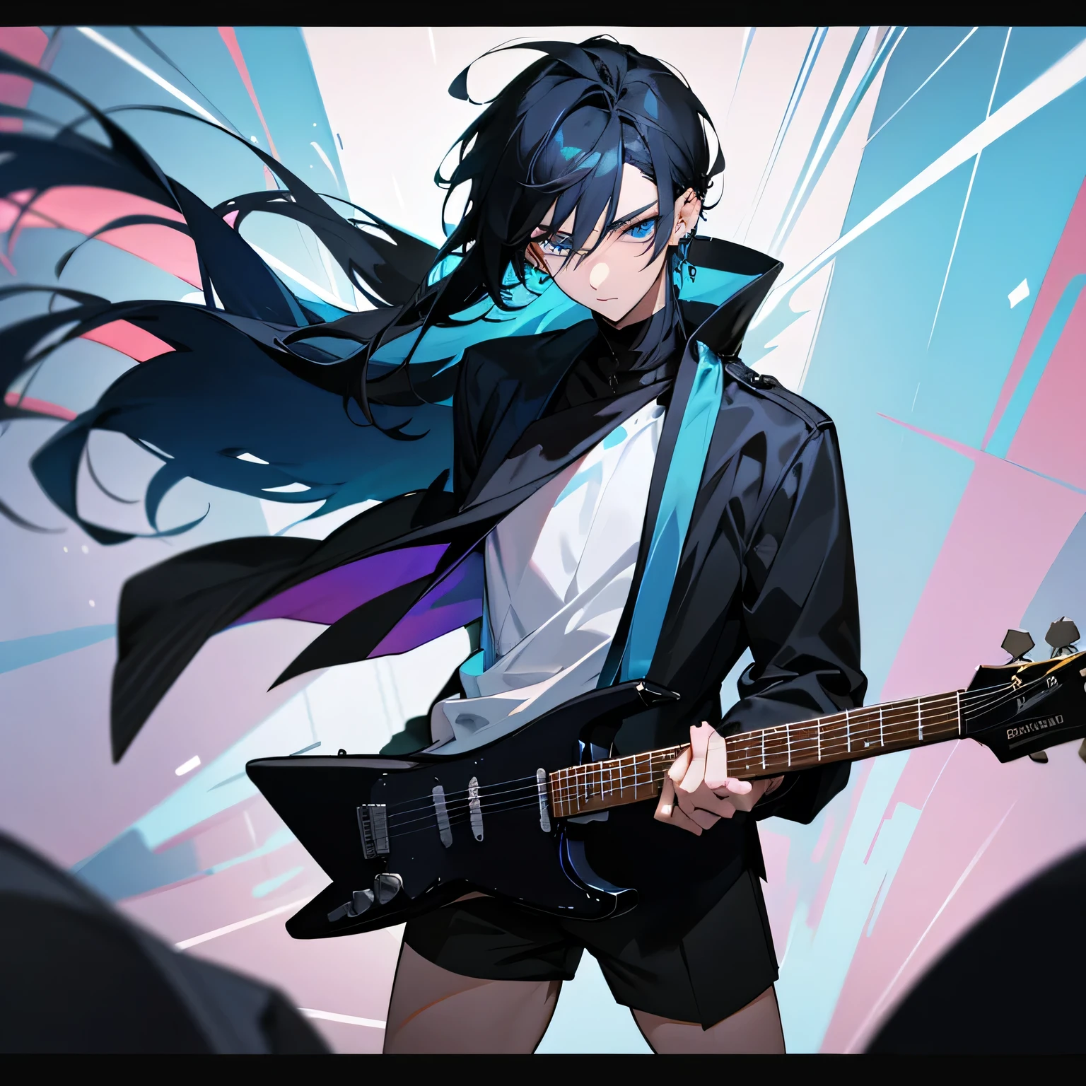 anime boy with black hair and piercings looking at the camera, tall anime man with blue eyes, Anime handsome man, Handsome Japanese demon boy, anime boy, male anime character, Male anime style, Stunning anime face portraits, Young anime man, Detailed anime character art, High-detail facial animation, Handsome anime eyes,dark blue long hair，Light blue eyes ，Left and right earrings ，Black Jacket Clothing，Half shorts，holding electric guitar，Standing and playing electric guitar ，Band atmosphere，Passionate playing，