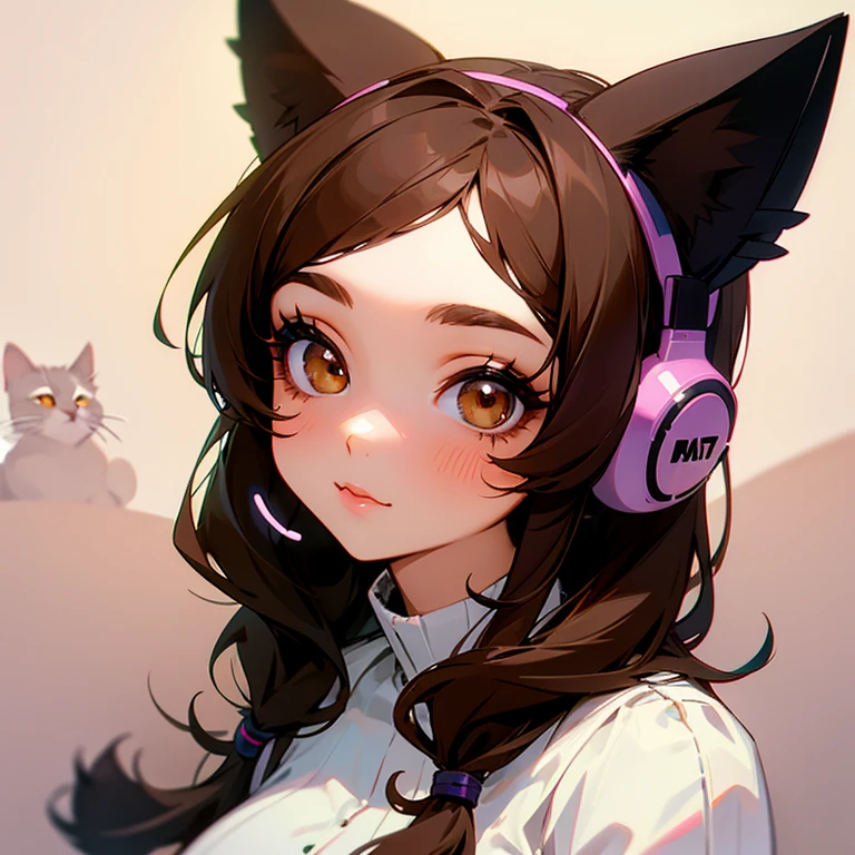 create the image of a cute girl with brown eyes, big eyelashes and medium and dark brown hair with a cat ear headset