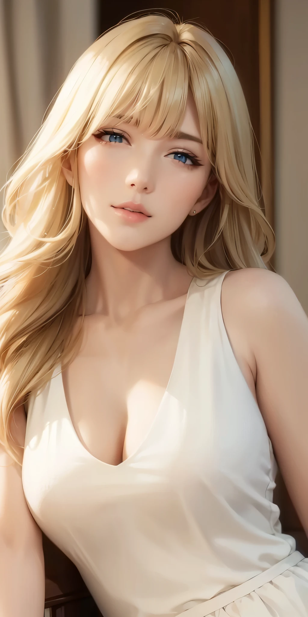 Elegant mature woman, milf, long neck, blonde hair, long wavy hair, bangs, sleeveless clothes, cleavage, soft light, high quality, 4k resolution