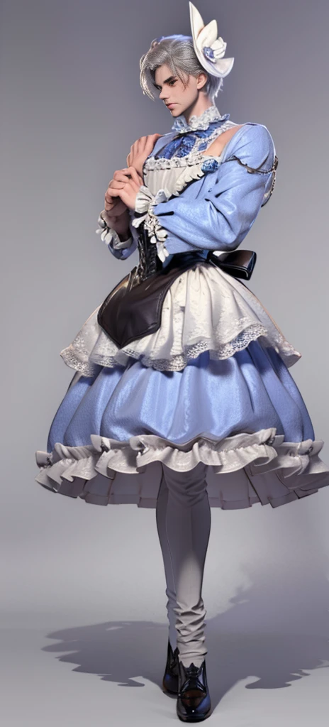 Beauty all over the body，Blue and white Lolita cos evening dress，Harnes，Lace，Stand head-on，leather shoes，greybackground, femmen pumped up, short hair