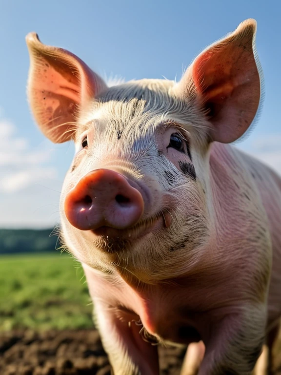 Close-up portrait of a pig&#39;s head with striking blue eyes and freckles, Happy 