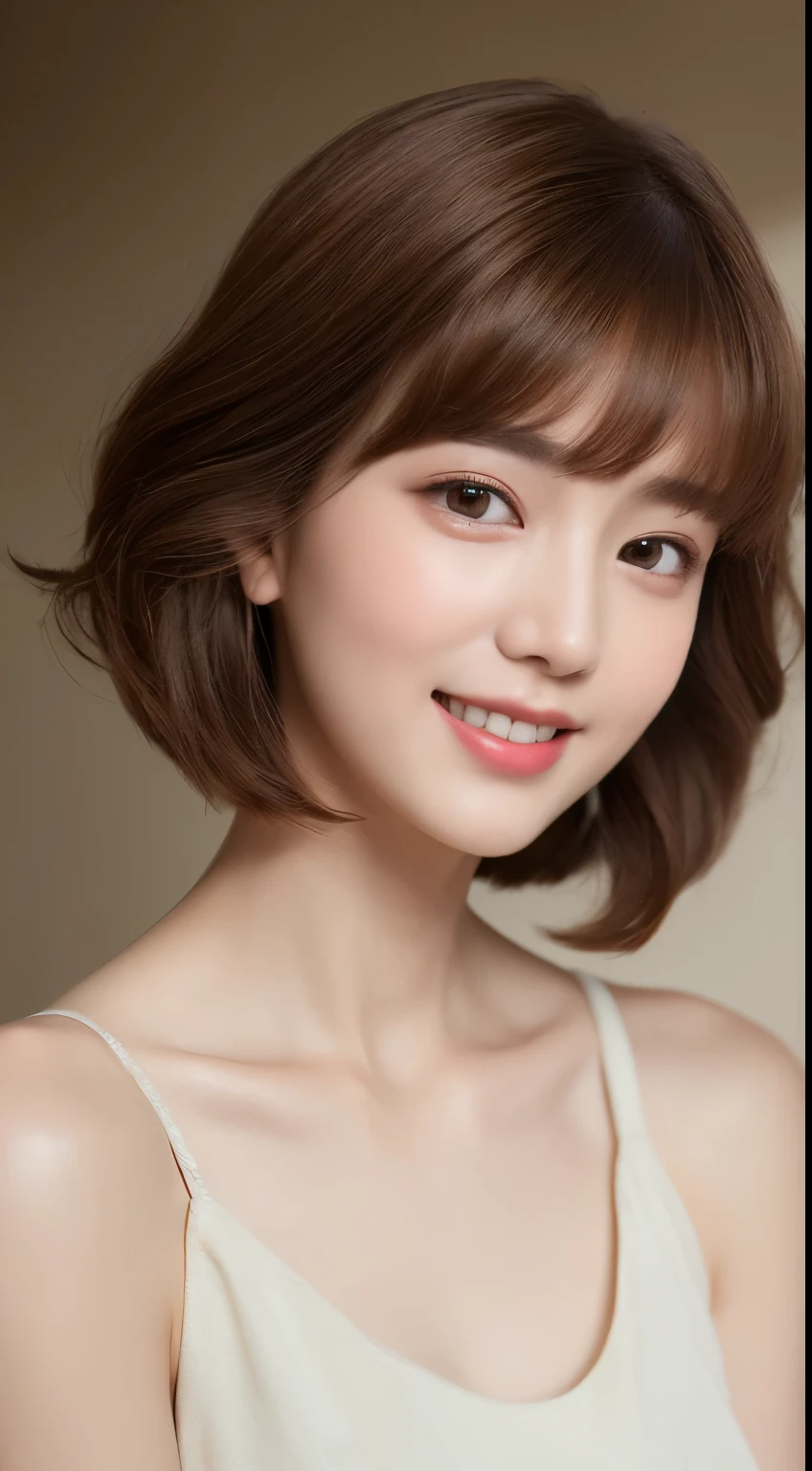 ((Best Quality, 8K, Masterpiece: 1.3)), 1 Girl, Slim Abs Beauty: 1.3, (Hairstyle Brown Hair Shortcut, Big: 1.2), Dress: 1.1, Super Slender Face, Delicate Eyes, Double Eyelids, Smile, Home, Raw Photo
