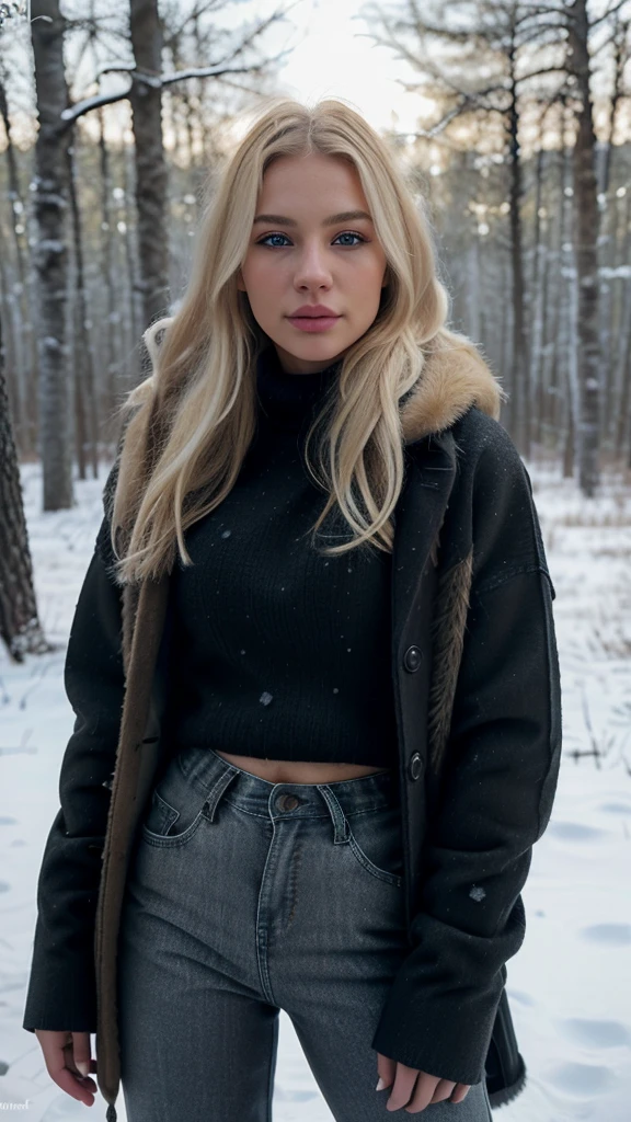 (realistic, photorealistic:1.37), extremely realistic Russian girl with blonde hair and blue eyes, beautiful detailed lips and eyes, detailed and, imperfect skin, upper body, beautiful detailed blonde hair, wearing long dark brown coat, black with texture stripes jumper, pants dark jeans, black boots, wide shot from far away, snow day, forest, no hands, Realism, textured skin, 4K