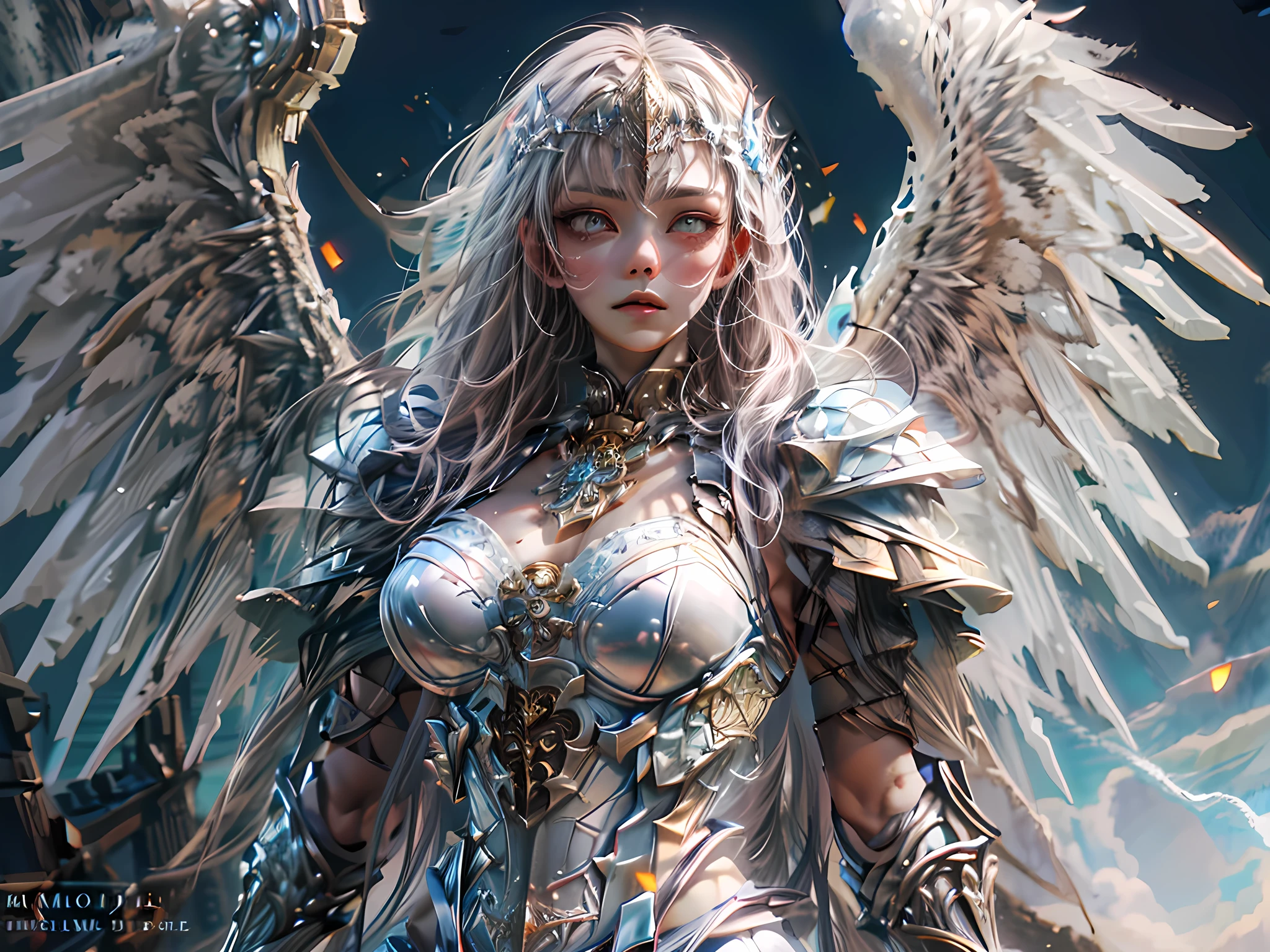 16K, ultra detailed, masterpiece, best quality, (extremely detailed), arafed, dnd art, portrait, full body, aasimar, female, (Masterpiece 1.3, intense details), female, paladin, holy warrior fighting undead (Masterpiece 1.3, intense details) large angelic wings, white angelic wings spread (Masterpiece 1.3, intense details), dark fantasy cemetery background, moon light, moon, stars, clouds, wearing (white: 1.1)  armor (Masterpiece 1.3, intense details), holy symbol, armed with sword, short blond hair,  detailed face, (Masterpiece 1.5, best quality), anatomically correct (Masterpiece 1.3, intense details), angel_wings, determined face, god rays, cinematic lighting, glowing light, silhouette, from outside, photorealism, panoramic view  (Masterpiece 1.3, intense details) , Wide-Angle, Ultra-Wide Angle, 8k, highres, best quality, high details, armored dress