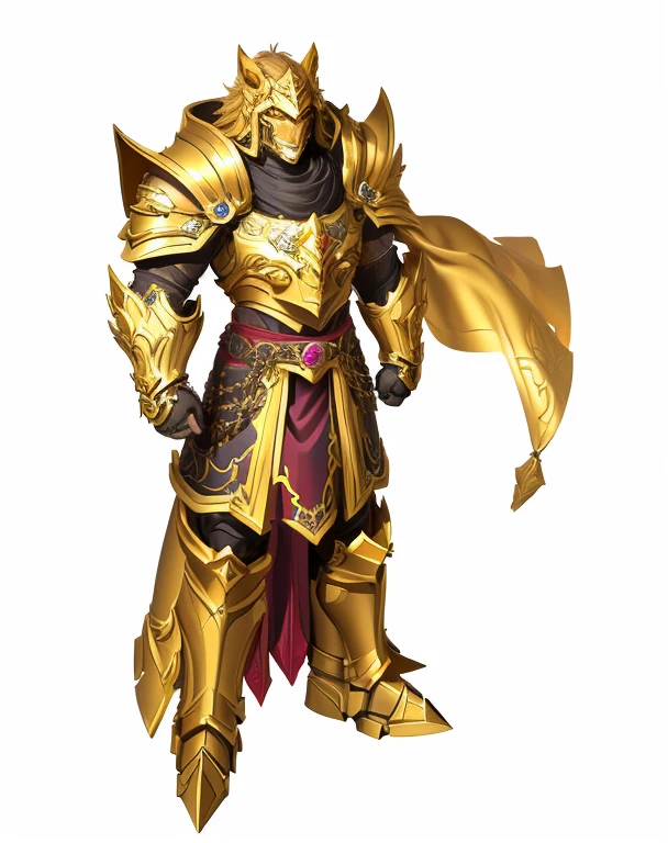 Male golden paladin. Heavy golden armor. Wolf shaped pauldrons. buffed chests. Wide shoulders. Ruby decorated chests. Ruby decorated belt. Ruby decorated knees. Ornate designed gauntlets. Ornate designed shins. Ornate designed sabatons. Runic markings. Beautiful.