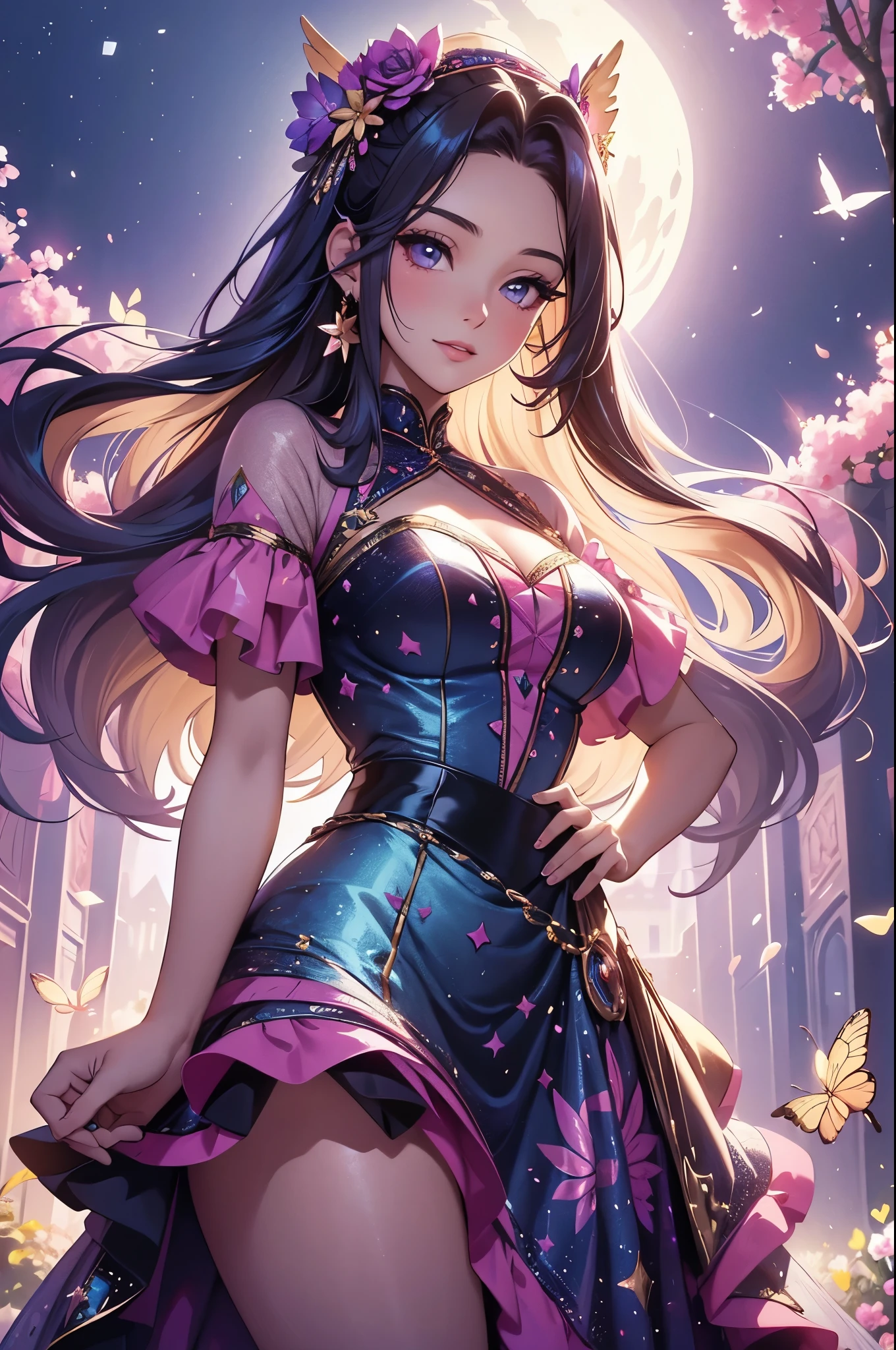 (best quality,4k,8k,highres,masterpiece:1.2),ultra-detailed,(realistic,photorealistic,photo-realistic:1.37),acrylic painting,beautiful Latina model in a Lolita dress with downy hair,beautiful Latina model with extremely colorful hair and detailed facial features,beautiful Latina model standing in a beautiful garden surrounded by a starry sky,beautiful Latina model wearing a vibrant Lolita dress,beautiful Latina model with intricate accessories and a matching hat,beautiful Latina model posing gracefully with her hands on her hips,beautiful Latina model with long flowing twintails,beautiful Latina model with bright blue eyes and rosy lips,beautiful Latina model with a joyful expression,beautiful Latina model in a dynamic pose with cherry blossoms falling around her,beautiful Latina model surrounded by colorful flowers and butterflies,beautiful Latina model's dress adorned with cute bows and lace details,beautiful Latina model with an enchanting smile,beautiful Latina model with soft, pastel-colored shading,beautiful Latina model with a magical glow illuminating her,beautiful Latina model in a picturesque setting with a winding path leading to a magnificent castle,beautiful Latina model holding a microphone and singing passionately,beautiful Latina model with a fairytale-like background,beautiful Latina model with a soft, dreamy atmosphere,beautiful Latina model with a subtle bokeh effect,beautiful Latina model standing under a moonlit sky,beautiful Latina model with a warm, golden sunset in the background,beautiful Latina model surrounded by twinkling stars and colorful nebulae,creating an ethereal and captivating artistic masterpiece.