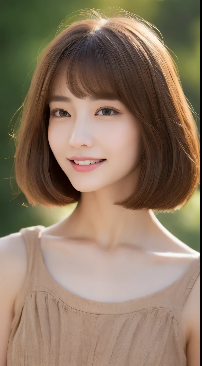 ((Best Quality, 8K, Masterpiece: 1.3)), 1 Girl, Slim Abs Beauty: 1.3, (Hairstyle Brown Hair Shortcut, Big: 1.2), Dress: 1.1, Super Slender Face, Delicate Eyes, Double Eyelids, Smile, Home, Raw Photo