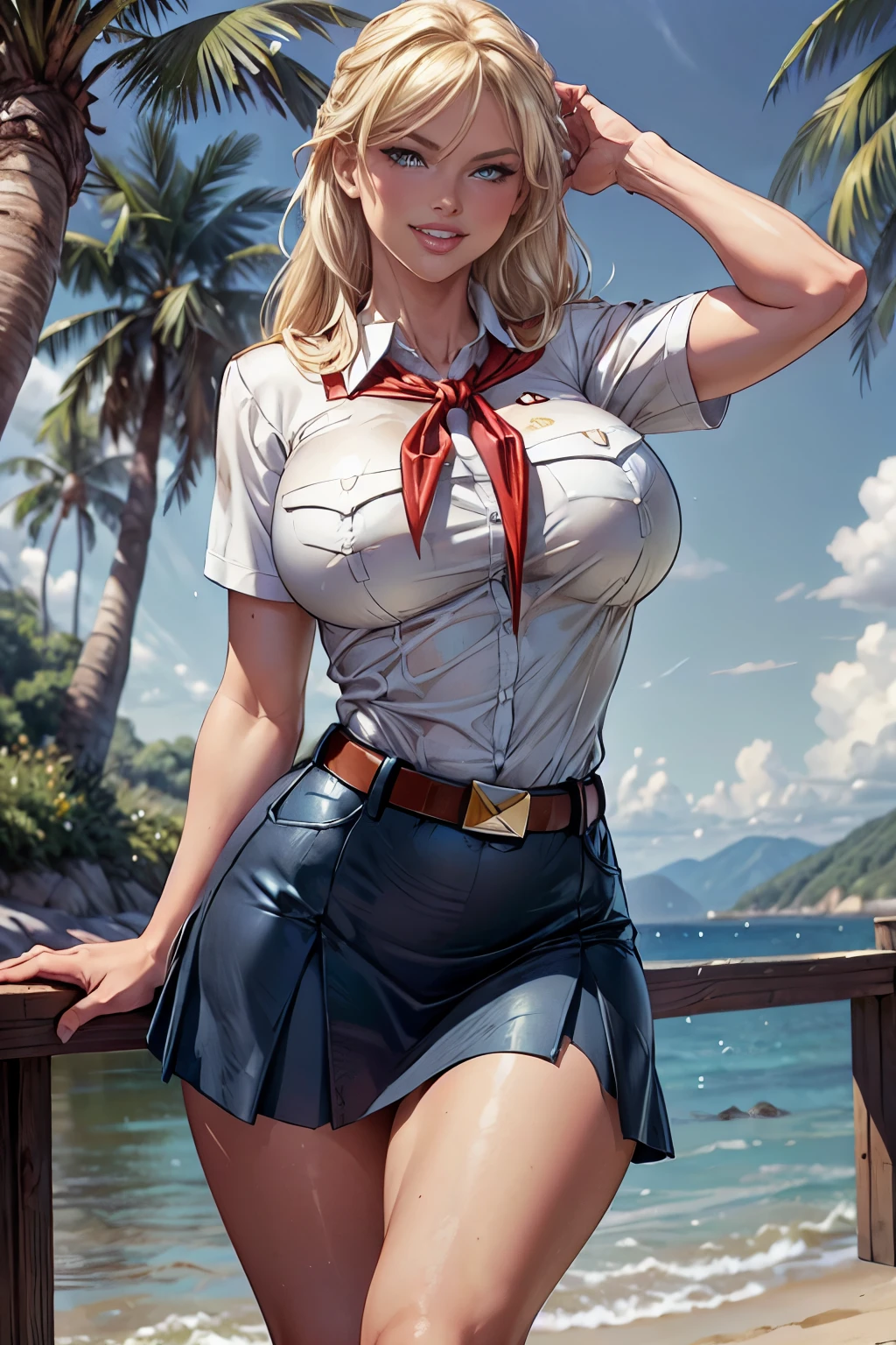 8k, high detailed picture, long blonde hair, big luminous blue eyes, (plump smiling lips:1.1), look at you, perfect huge breast, blonde hair, mouth is wide open, thin and elegant hands, neat palms, perfect hands, holds his hands behind his head, neat feet, pioneer neckerchief, bangs, shirt, collarbone, very tight white shirt, short sleeves, collared shirt, eyelashes, red neckerchief, breast pocket, curvy girl, long legs, tight micro skirt, blue skirt, belt, 4nn4n1c0l3-v2