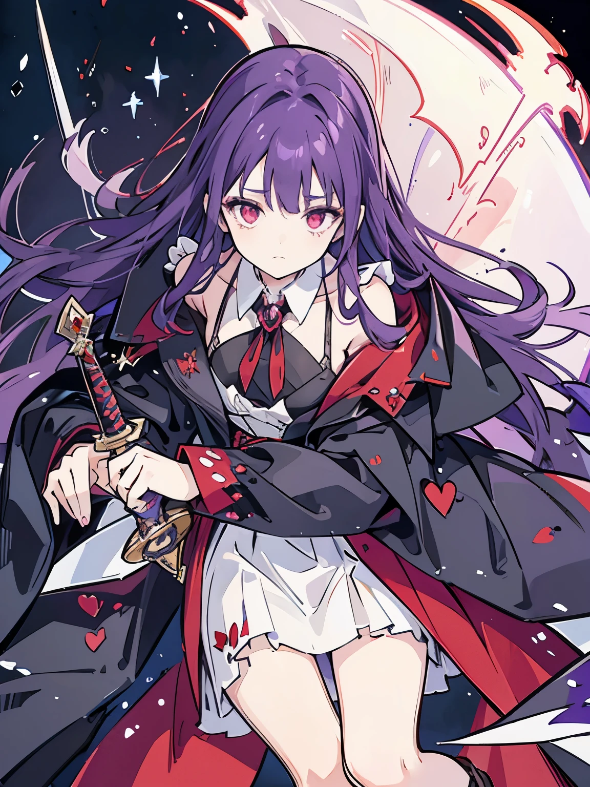 A sad looking girl dark purple hair girl with red eye. She is a half vampire and she wear prince looking type of cloth. Fighting with witch using sword