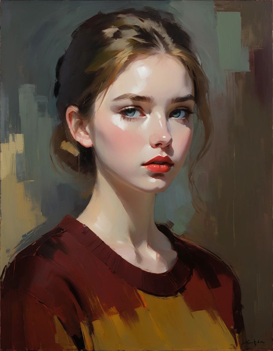Create an evocative oil painting inspired by Malcolm Liepke, based on the provided image. Capture the intense, introspective expression of the young subject using thick, expressive brushstrokes and a muted color palette. Highlight the emotional depth and vulnerability in the subject's gaze, emphasizing the play of light and shadow on their face. Maintain a simple, textured background that complements the subject's contemplative presence. Focus on the tactile quality of the oil paint to convey the raw emotion and intimacy characteristic of Liepke's style.