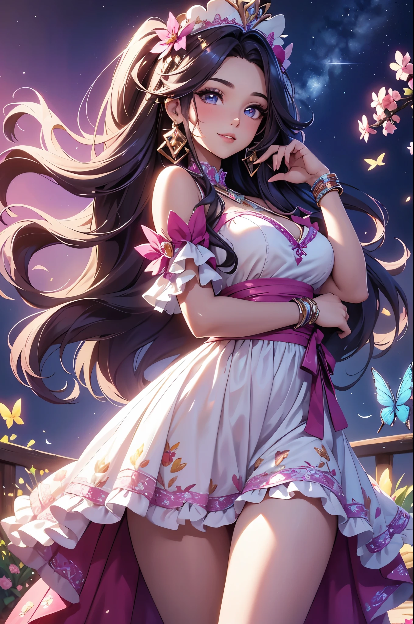 (best quality,4k,8k,highres,masterpiece:1.2),ultra-detailed,(realistic,photorealistic,photo-realistic:1.37),acrylic painting,beautiful Latina model in a ta dress with downy hair,beautiful Latina model with extremely colorful hair and detailed facial features,beautiful Latina model standing in a beautiful garden surrounded by a starry sky,beautiful Latina model wearing a vibrant Loliress,beautiful Latina model with intricate accessories and a matching hat,beautiful Latina model posing gracefully with her hands on her hips,beautiful Latina model with long flowing twintails,beautiful Latina model with bright blue eyes and rosy lips,beautiful Latina model with a joyful expression,beautiful Latina model in a dynamic pose with cherry blossoms falling around her,beautiful Latina model surrounded by colorful flowers and butterflies,beautiful Latina model's dress adorned with cute bows and lace details,beautiful Latina model with an enchanting smile,beautiful Latina model with soft, pastel-colored shading,beautiful Latina model with a magical glow illuminating her,beautiful Latina model in a picturesque setting with a winding path leading to a magnificent castle,beautiful Latina model holding a microphone and singing passionately,beautiful Latina model with a fairytale-like background,beautiful Latina model with a soft, dreamy atmosphere,beautiful Latina model with a subtle bokeh effect,beautiful Latina model standing under a moonlit sky,beautiful Latina model with a warm, golden sunset in the background,beautiful Latina model surrounded by twinkling stars and colorful nebulae,creating an ethereal and captivating artistic masterpiece.