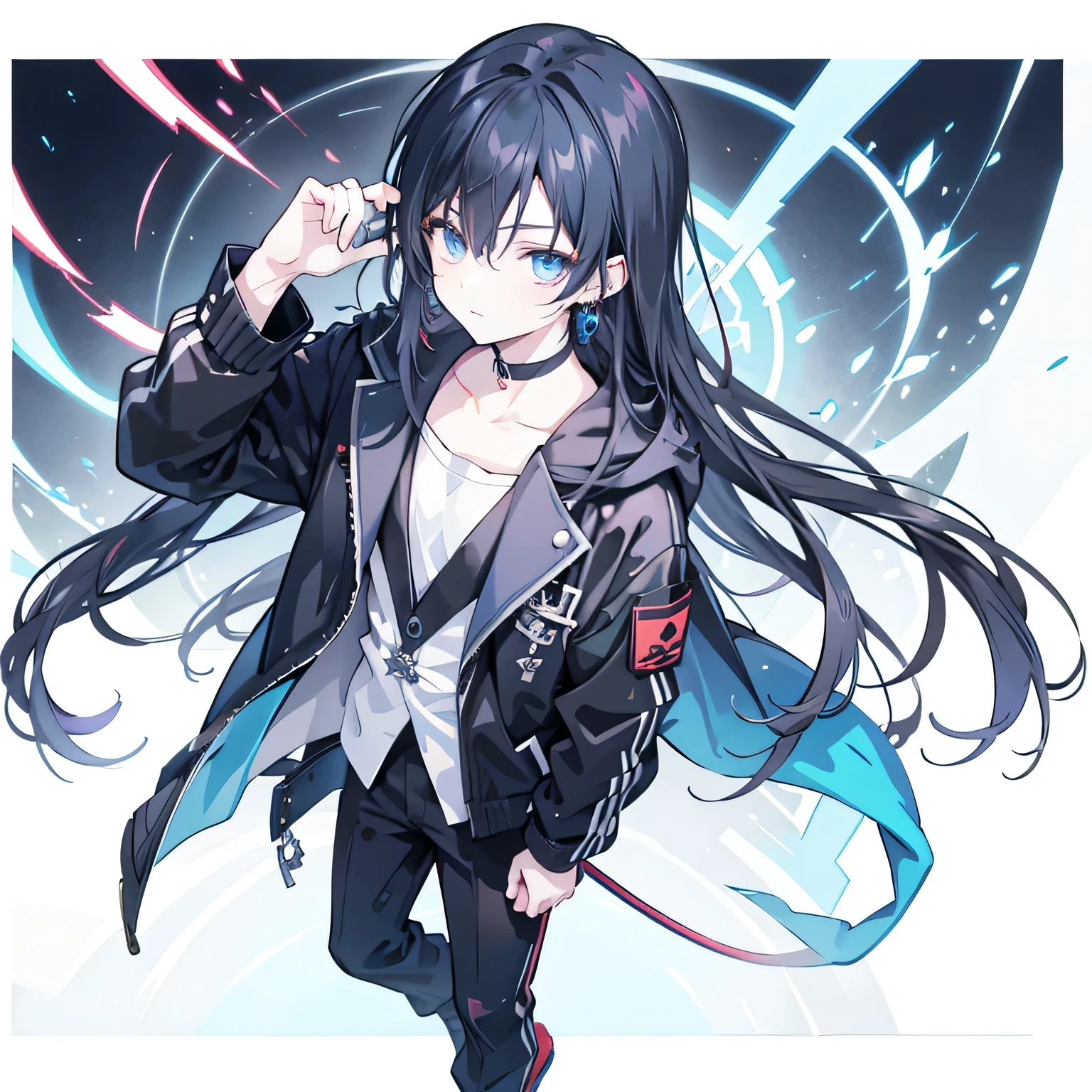 anime boy with black hair and piercings looking at the camera, tall anime man with blue eyes, Anime handsome man, Handsome Japanese demon boy, anime boy, male anime character, Male anime style, Stunning anime face portraits, Young anime man, Detailed anime character art, High-detail facial animation, Handsome anime eyes,dark blue long hair，Light blue eyes ，Left and right earrings ，Black Jacket Clothing，trousers，holding electric guitar，Standing and playing electric guitar ，Band atmosphere，Passionate playing，
