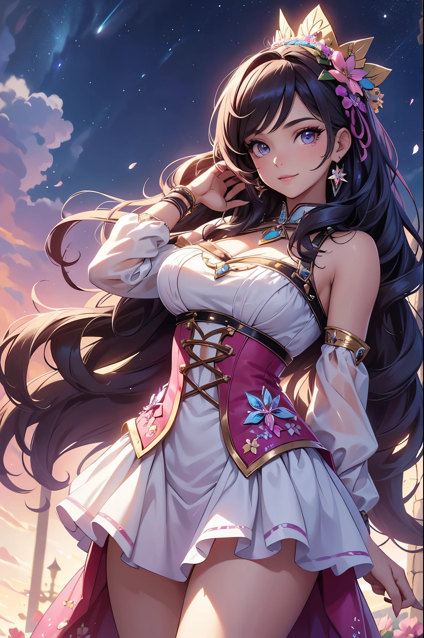 (best quality,4k,8k,highres,masterpiece:1.2),ultra-detailed,(realistic,photorealistic,photo-realistic:1.37),acrylic painting,beautiful Latina model in a Lolita dress with downy hair,beautiful Latina model with extremely colorful hair and detailed facial features,beautiful Latina model standing in a beautiful garden surrounded by a starry sky,beautiful Latina model wearing a vibrant Lolita dress,beautiful Latina model with intricate accessories and a matching hat,beautiful Latina model posing gracefully with her hands on her hips,beautiful Latina model with long flowing twintails,beautiful Latina model with bright blue eyes and rosy lips,beautiful Latina model with a joyful expression,beautiful Latina model in a dynamic pose with cherry blossoms falling around her,beautiful Latina model surrounded by colorful flowers and butterflies,beautiful Latina model's dress adorned with cute bows and lace details,beautiful Latina model with an enchanting smile,beautiful Latina model with soft, pastel-colored shading,beautiful Latina model with a magical glow illuminating her,beautiful Latina model in a picturesque setting with a winding path leading to a magnificent castle,beautiful Latina model holding a microphone and singing passionately,beautiful Latina model with a fairytale-like background,beautiful Latina model with a soft, dreamy atmosphere,beautiful Latina model with a subtle bokeh effect,beautiful Latina model standing under a moonlit sky,beautiful Latina model with a warm, golden sunset in the background,beautiful Latina model surrounded by twinkling stars and colorful nebulae,creating an ethereal and captivating artistic masterpiece. 
