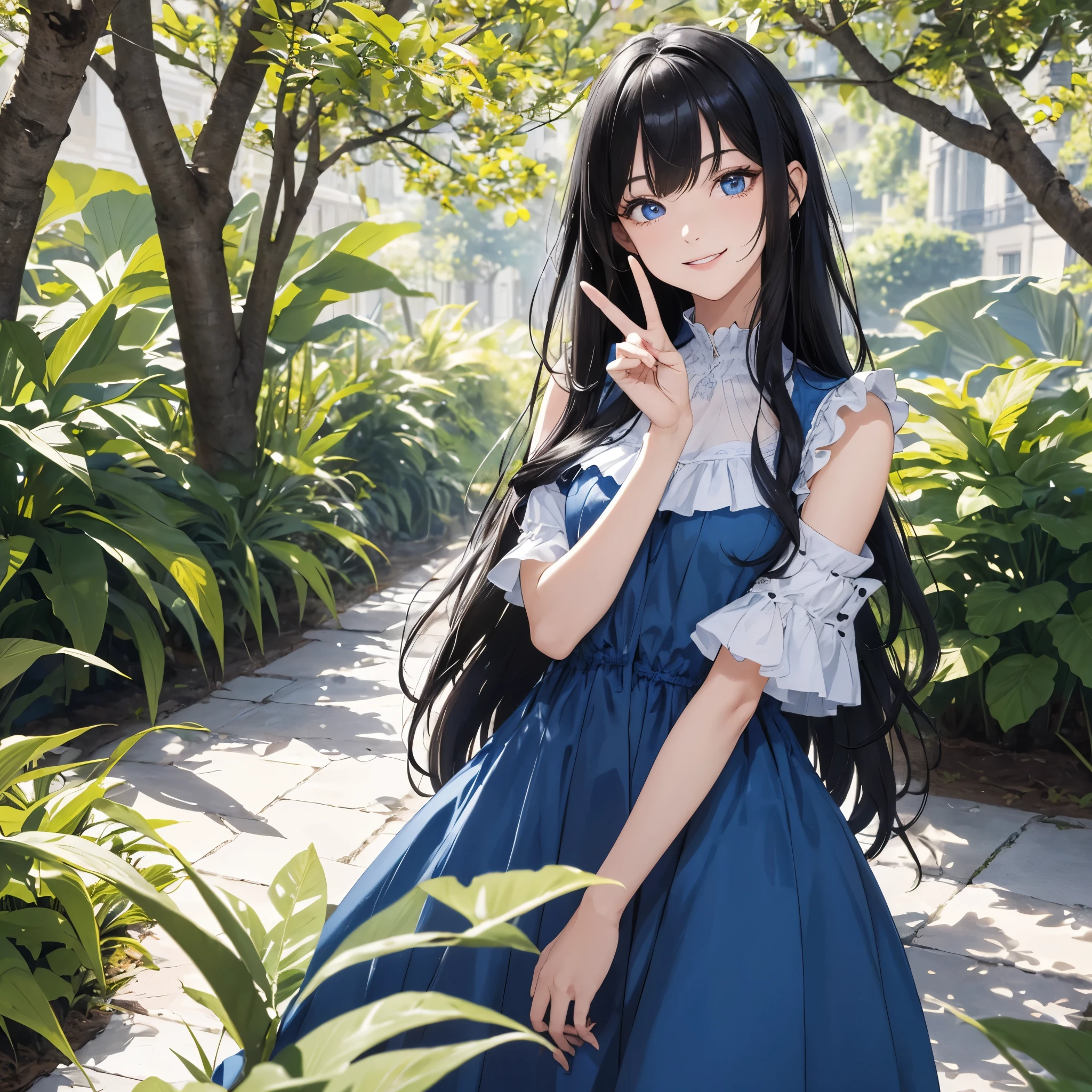 absurderes, ultra-detailliert,bright colour,(in 8K:1.1),masuter piece,extremely beautiful detailed face and eyes, 25 years old one girl,(Smooth straight black hair:1.1), (Shiny straight long hair:1.1),(Pattsun bangs:1.1) Delicate beautiful face, red blush、(Deep blue eyes:1.1: wearing blue and white lollita dress outfit ), Natural Nice Spot, Detailed face, smiling gently, half of the body showing, doing the 2 peace pose.