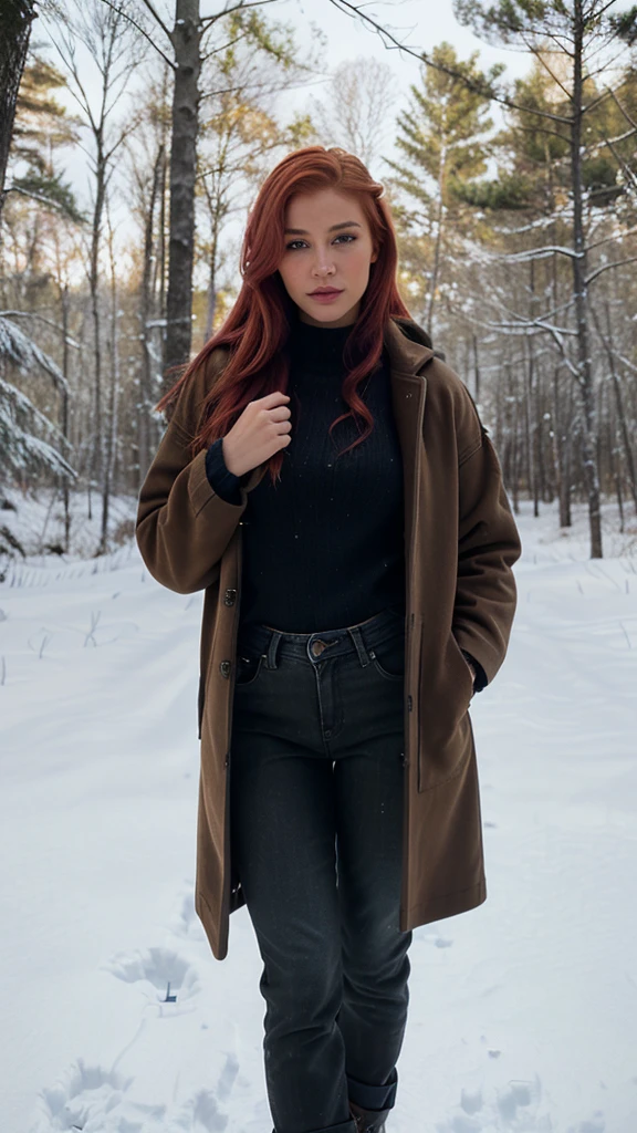 (realistic, photorealistic:1.37), extremely realistic brazilian girl with pink red hair and blue eyes, beautiful detailed lips and eyes, detailed and, imperfect skin, upper body, beautiful detailed blonde hair, wearing long dark brown coat, black with texture stripes jumper, pants dark jeans, black boots, wide shot from far away, snow day, forest, no hands, Realism, textured skin, 4K