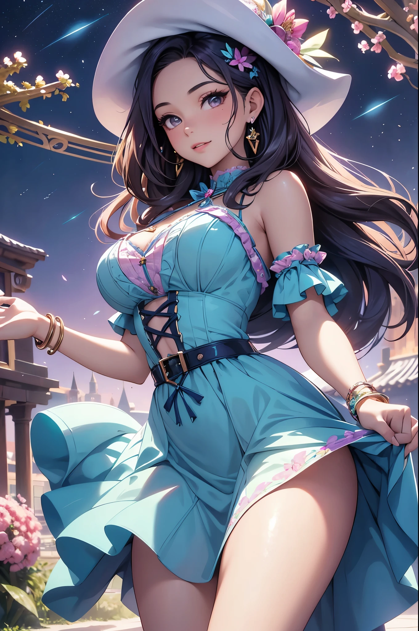 (best quality,4k,8k,highres,masterpiece:1.2),ultra-detailed,(realistic,photorealistic,photo-realistic:1.37),acrylic painting,beautiful Latina model in a Lolita dress with downy hair,beautiful Latina model with extremely colorful hair and detailed facial features,beautiful Latina model standing in a beautiful garden surrounded by a starry sky,beautiful Latina model wearing a vibrant Lolita dress,beautiful Latina model with intricate accessories and a matching hat,beautiful Latina model posing gracefully with her hands on her hips,beautiful Latina model with long flowing twintails,beautiful Latina model with bright blue eyes and rosy lips,beautiful Latina model with a joyful expression,beautiful Latina model in a dynamic pose with cherry blossoms falling around her,beautiful Latina model surrounded by colorful flowers and butterflies,beautiful Latina model's dress adorned with cute bows and lace details,beautiful Latina model with an enchanting smile,beautiful Latina model with soft, pastel-colored shading,beautiful Latina model with a magical glow illuminating her,beautiful Latina model in a picturesque setting with a winding path leading to a magnificent castle,beautiful Latina model holding a microphone and singing passionately,beautiful Latina model with a fairytale-like background,beautiful Latina model with a soft, dreamy atmosphere,beautiful Latina model with a subtle bokeh effect,beautiful Latina model standing under a moonlit sky,beautiful Latina model with a warm, golden sunset in the background,beautiful Latina model surrounded by twinkling stars and colorful nebulae,creating an ethereal and captivating artistic masterpiece. 