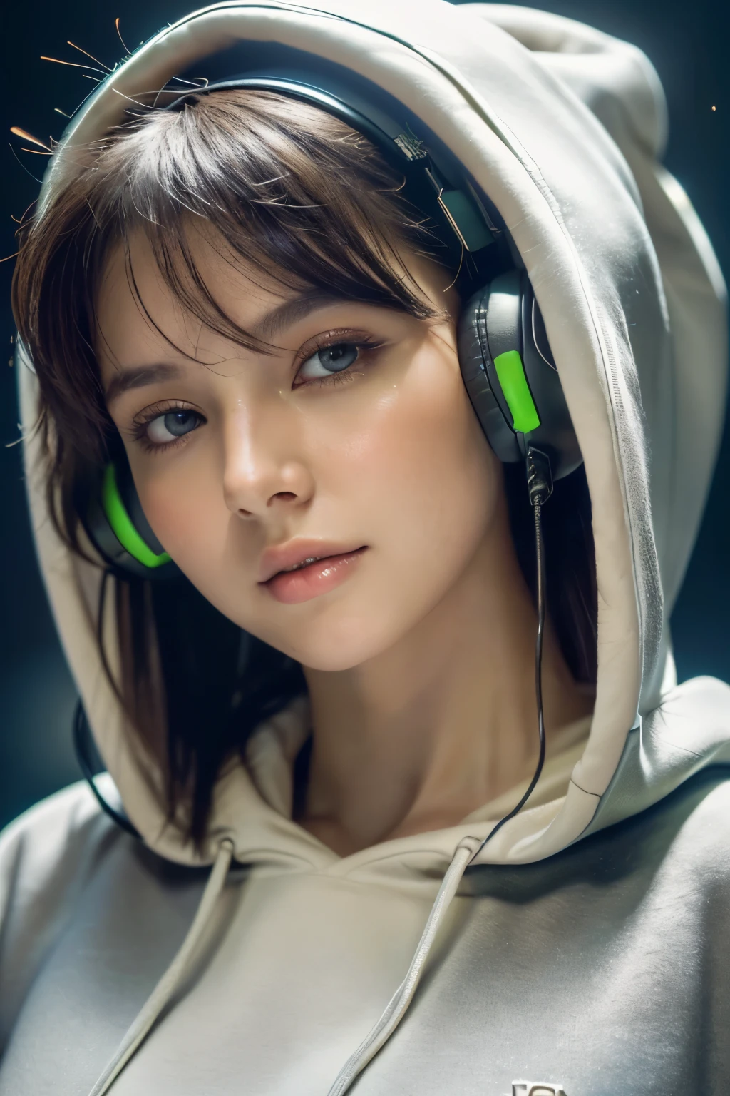 (best quality, masterpiece, ultra high definition, High resolution, Very detailed, hd facial, Clear picture, high dynamic range:1.5), (20 year old female:1.3), (The eyes are in visual focus:1.4), (Film photography style:1.5), (Background neon lights, neon color fashion, cyberpunk, wearing a hoodie、Beautiful woman with headphones around her neck:1.5), slim big breasts, huge breasts, short hair, (smooth, highly delicate breasts, shiny skin), Very detailed facial and skin texture, (beautiful eyes, There is light in the eyes, delicate eyes:1.2), clean face, White skin, Very fair skin