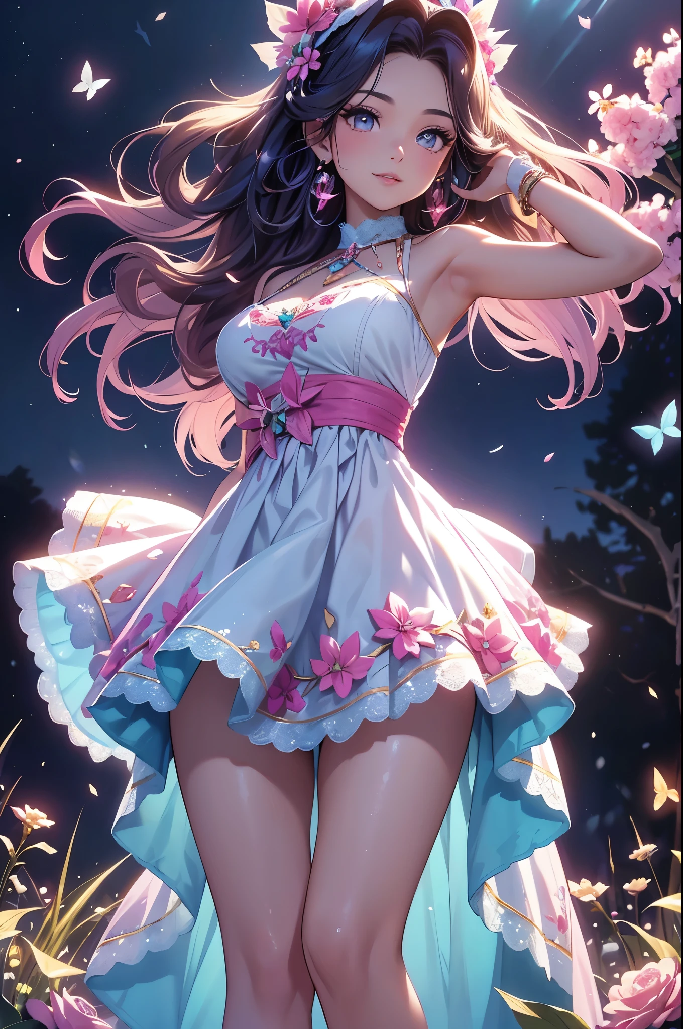 (best quality,4k,8k,highres,masterpiece:1.2),ultra-detailed,(realistic,photorealistic,photo-realistic:1.37),acrylic painting,beautiful Latina model in a Lolita dress with downy hair,beautiful Latina model with extremely colorful hair and detailed facial features,beautiful Latina model standing in a beautiful garden surrounded by a starry sky,beautiful Latina model wearing a vibrant Lolita dress,beautiful Latina model with intricate accessories and a matching hat,beautiful Latina model posing gracefully with her hands on her hips,beautiful Latina model with long flowing twintails,beautiful Latina model with bright blue eyes and rosy lips,beautiful Latina model with a joyful expression,beautiful Latina model in a dynamic pose with cherry blossoms falling around her,beautiful Latina model surrounded by colorful flowers and butterflies,beautiful Latina model's dress adorned with cute bows and lace details,beautiful Latina model with an enchanting smile,beautiful Latina model with soft, pastel-colored shading,beautiful Latina model with a magical glow illuminating her,beautiful Latina model in a picturesque setting with a winding path leading to a magnificent castle,beautiful Latina model holding a microphone and singing passionately,beautiful Latina model with a fairytale-like background,beautiful Latina model with a soft, dreamy atmosphere,beautiful Latina model with a subtle bokeh effect,beautiful Latina model standing under a moonlit sky,beautiful Latina model with a warm, golden sunset in the background,beautiful Latina model surrounded by twinkling stars and colorful nebulae,creating an ethereal and captivating artistic masterpiece. 