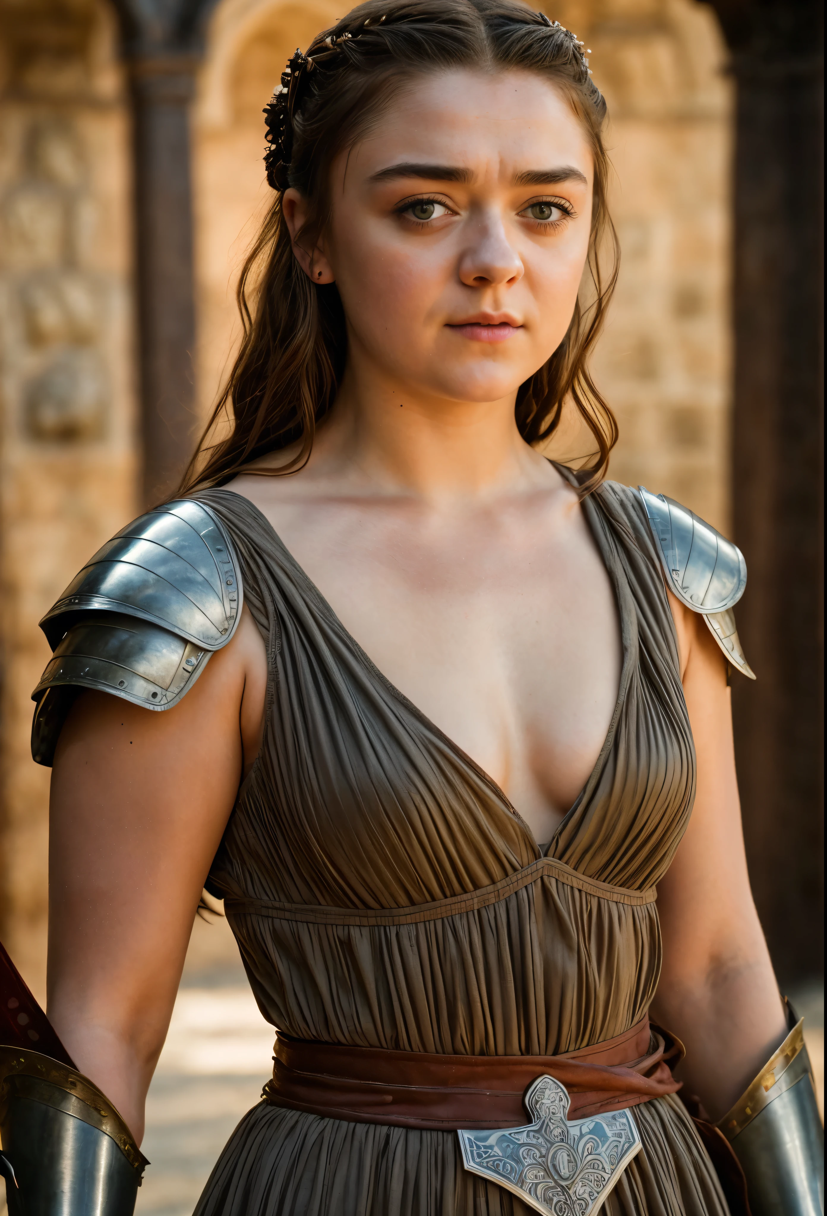Foto RAW, Arya Stark, Extremely gorgeous lady, Arya Stark PLAYED BY MAISIE WILLIAMS, Queen Arya Stark, she  a mature woman now, milf, sexy mediaeval battle dress, gladiator woman, body, 40 years old Woman, body revealing costumes, perky breast, skin pores, big natural breast, erotic costumes, lusty physique, seductive figure can capture every people's attention, Game of thrones costumes, revealing captivating figure, Mediaeval costumes, revealing clothes, A tomboy, she would rather fence than dance, warrior queen , game of thrones screen caps, Game of Thrones Series, (pele altamente detalhada: 1.2), 8k UHD, DSLR, soft-lighting, alta qualidade, grain of film, Fujifilm XT3, flawless picture, highly detailed, detailed Beauty, intricate, 32k, sharp picture,