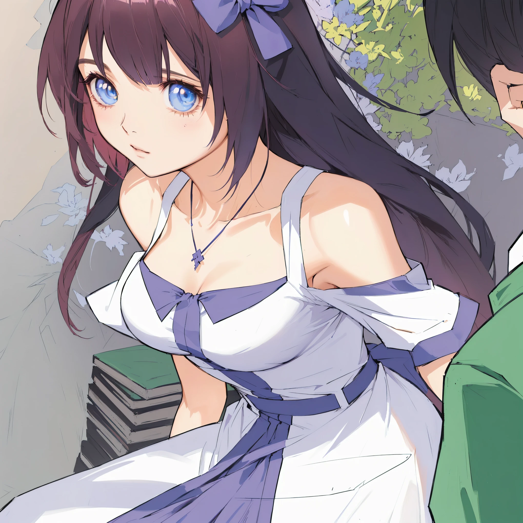 garota de anime com longos cabelos pretos e olhos azuis sentada ao lado de um homem, estilo de arte anime moe, de vestido, Garota sedutora de anime, olhos roxos e vestido branco, garota de anime atraente, Estilo de anime ?????, waifu de anime fofo em um lindo vestido, linda garota de anime, cute anime high school girl, mago de cabelo preto, rei hiroe, visual de anime de uma linda garota, sexy, garota sensual, garota sexy, peituda, sexy
