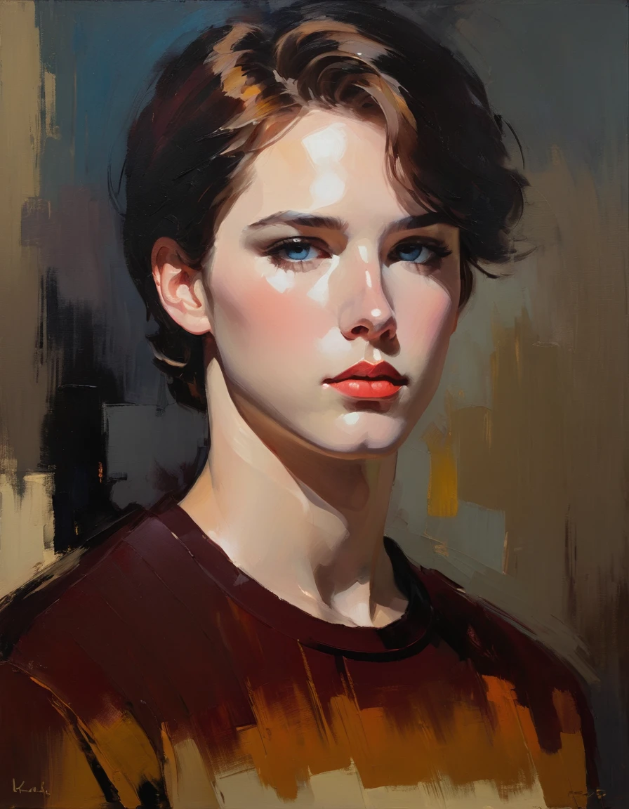 Create an evocative oil painting inspired by Malcolm Liepke, Capture the man's introspective expression and refined mood using thick, expressive brushstrokes. Infuse the painting with a warm, muted color palette, incorporating earthy tones and deep blues. Highlight the dramatic interplay of light and shadow, casting a soft, golden glow from the window. Emphasize the tactile quality of the oil paint and maintain a simple, textured background that complements the subject's contemplative presence. Blurry effect