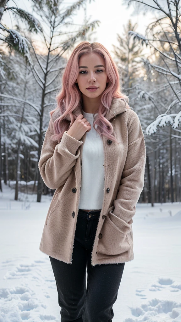 (realistic, photorealistic:1.37), extremely realistic brazilian girl with pink hair and blue eyes, beautiful detailed lips and eyes, detailed and, imperfect skin, upper body, beautiful detailed blonde hair, wearing long dark brown coat, black with texture stripes jumper, pants dark jeans, black boots, wide shot from far away, snow day, forest, no hands, Realism, textured skin, 4K