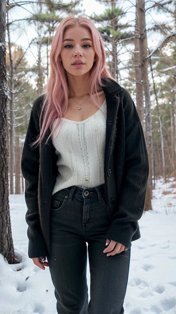 (realistic, photorealistic:1.37), extremely realistic brazilian girl with pink hair and blue eyes, beautiful detailed lips and eyes, detailed and, imperfect skin, upper body, beautiful detailed blonde hair, wearing long dark brown coat, black with texture stripes jumper, pants dark jeans, black boots, wide shot from far away, snow day, forest, no hands, Realism, textured skin, 4K