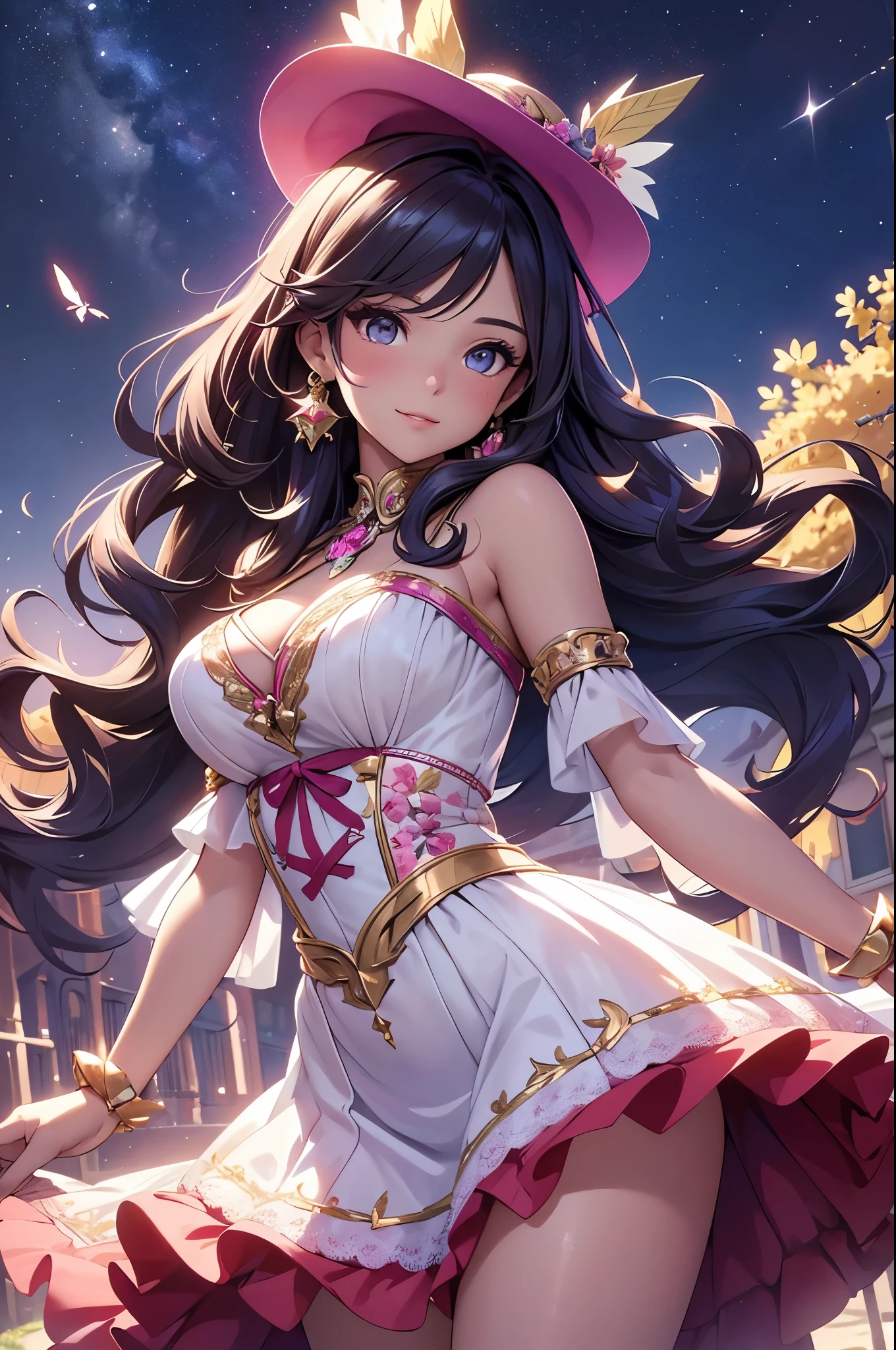 (best quality,4k,8k,highres,masterpiece:1.2),ultra-detailed,(realistic,photorealistic,photo-realistic:1.37),acrylic painting,beautiful Latina model in a Lolita dress with downy hair,beautiful Latina model with extremely colorful hair and detailed facial features,beautiful Latina model standing in a beautiful garden surrounded by a starry sky,beautiful Latina model wearing a vibrant Lolita dress,beautiful Latina model with intricate accessories and a matching hat,beautiful Latina model posing gracefully with her hands on her hips,beautiful Latina model with long flowing twintails,beautiful Latina model with bright blue eyes and rosy lips,beautiful Latina model with a joyful expression,beautiful Latina model in a dynamic pose with cherry blossoms falling around her,beautiful Latina model surrounded by colorful flowers and butterflies,beautiful Latina model's dress adorned with cute bows and lace details,beautiful Latina model with an enchanting smile,beautiful Latina model with soft, pastel-colored shading,beautiful Latina model with a magical glow illuminating her,beautiful Latina model in a picturesque setting with a winding path leading to a magnificent castle,beautiful Latina model holding a microphone and singing passionately,beautiful Latina model with a fairytale-like background,beautiful Latina model with a soft, dreamy atmosphere,beautiful Latina model with a subtle bokeh effect,beautiful Latina model standing under a moonlit sky,beautiful Latina model with a warm, golden sunset in the background,beautiful Latina model surrounded by twinkling stars and colorful nebulae,creating an ethereal and captivating artistic masterpiece.