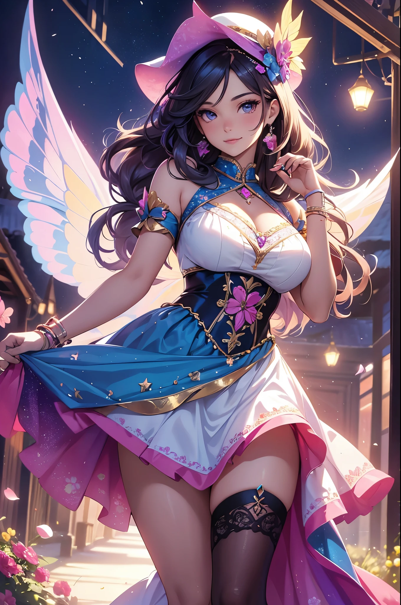 (best quality,4k,8k,highres,masterpiece:1.2),ultra-detailed,(realistic,photorealistic,photo-realistic:1.37),acrylic painting,beautiful Latina model in a Lolita dress with downy hair,beautiful Latina model with extremely colorful hair and detailed facial features,beautiful Latina model standing in a beautiful garden surrounded by a starry sky,beautiful Latina model wearing a vibrant Lolita dress,beautiful Latina model with intricate accessories and a matching hat,beautiful Latina model posing gracefully with her hands on her hips,beautiful Latina model with long flowing twintails,beautiful Latina model with bright blue eyes and rosy lips,beautiful Latina model with a joyful expression,beautiful Latina model in a dynamic pose with cherry blossoms falling around her,beautiful Latina model surrounded by colorful flowers and butterflies,beautiful Latina model's dress adorned with cute bows and lace details,beautiful Latina model with an enchanting smile,beautiful Latina model with soft, pastel-colored shading,beautiful Latina model with a magical glow illuminating her,beautiful Latina model in a picturesque setting with a winding path leading to a magnificent castle,beautiful Latina model holding a microphone and singing passionately,beautiful Latina model with a fairytale-like background,beautiful Latina model with a soft, dreamy atmosphere,beautiful Latina model with a subtle bokeh effect,beautiful Latina model standing under a moonlit sky,beautiful Latina model with a warm, golden sunset in the background,beautiful Latina model surrounded by twinkling stars and colorful nebulae,creating an ethereal and captivating artistic masterpiece. 