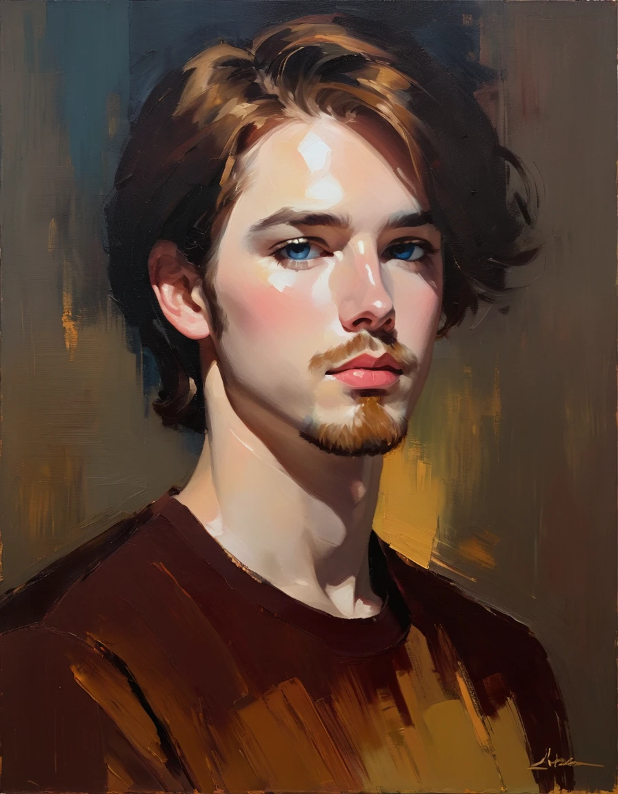 Create an evocative oil painting inspired by Malcolm Liepke, Capture the man's introspective expression and refined mood using thick, expressive brushstrokes. Infuse the painting with a warm, muted color palette, incorporating earthy tones and deep blues. Highlight the dramatic interplay of light and shadow, casting a soft, golden glow from the window. Emphasize the tactile quality of the oil paint and maintain a simple, textured background that complements the subject's contemplative presence. Blurry effect