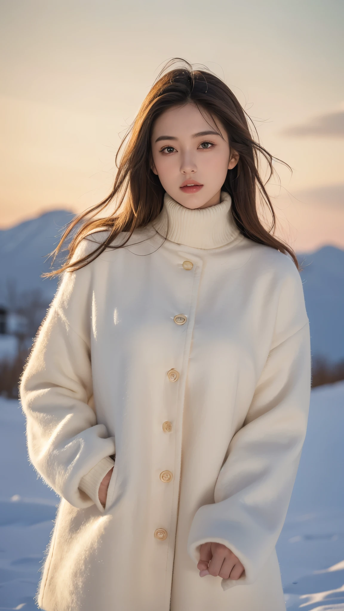 ((masterpiece, 32k,8k,wallpaper, high resolution, H,RAW photos,)),(realistically:1.5),(light),(Detailed fingers),(High detail skin:1.beautiful eyes),1 girl,alone,center, Winters, Yuki, fur collar wind coat, turtleneck sweater, Minkitz, lace up pantyhose,(huge snatch),twilight,Cloud,wind,hair flying,