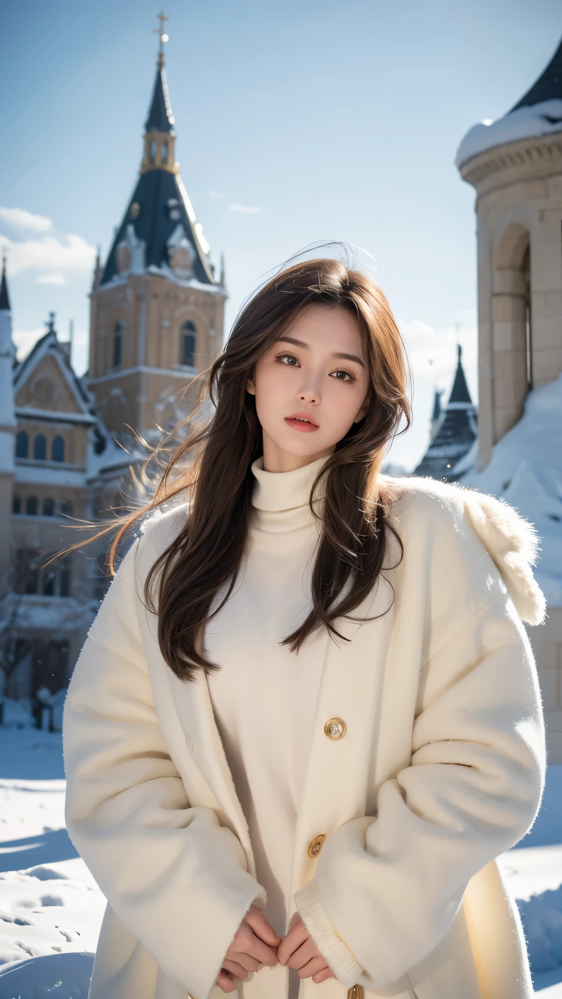 ((masterpiece, 32k,8k,wallpaper, high resolution, H,RAW photos,)),(realistically:1.5),(light),(Detailed fingers),(High detail skin:1.beautiful eyes),1 girl,alone,center, Winters, Yuki, fur collar wind coat, turtleneck sweater, Minkitz, lace up pantyhose,(huge snatch),twilight,Cloud,wind,hair flying,