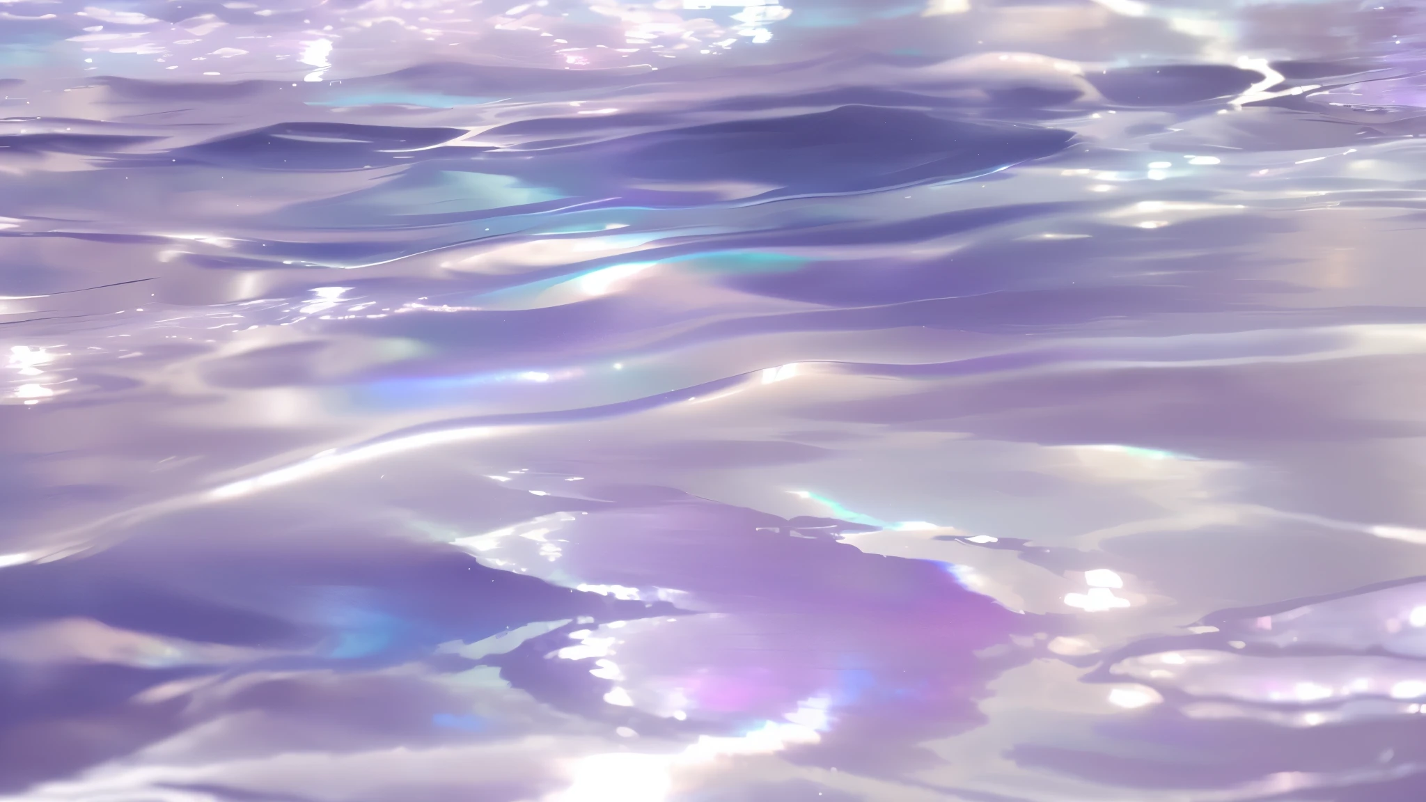 shimmering iridescent water, iridescent aesthetic, Reflective lavender ocean water, opalescent, iridescent. fantasy, pearl skin, iridescent shimmering pools, pearl, glossy blotches of iridescence, iridescent reflections, iridescent texture, soft iridescent membranes