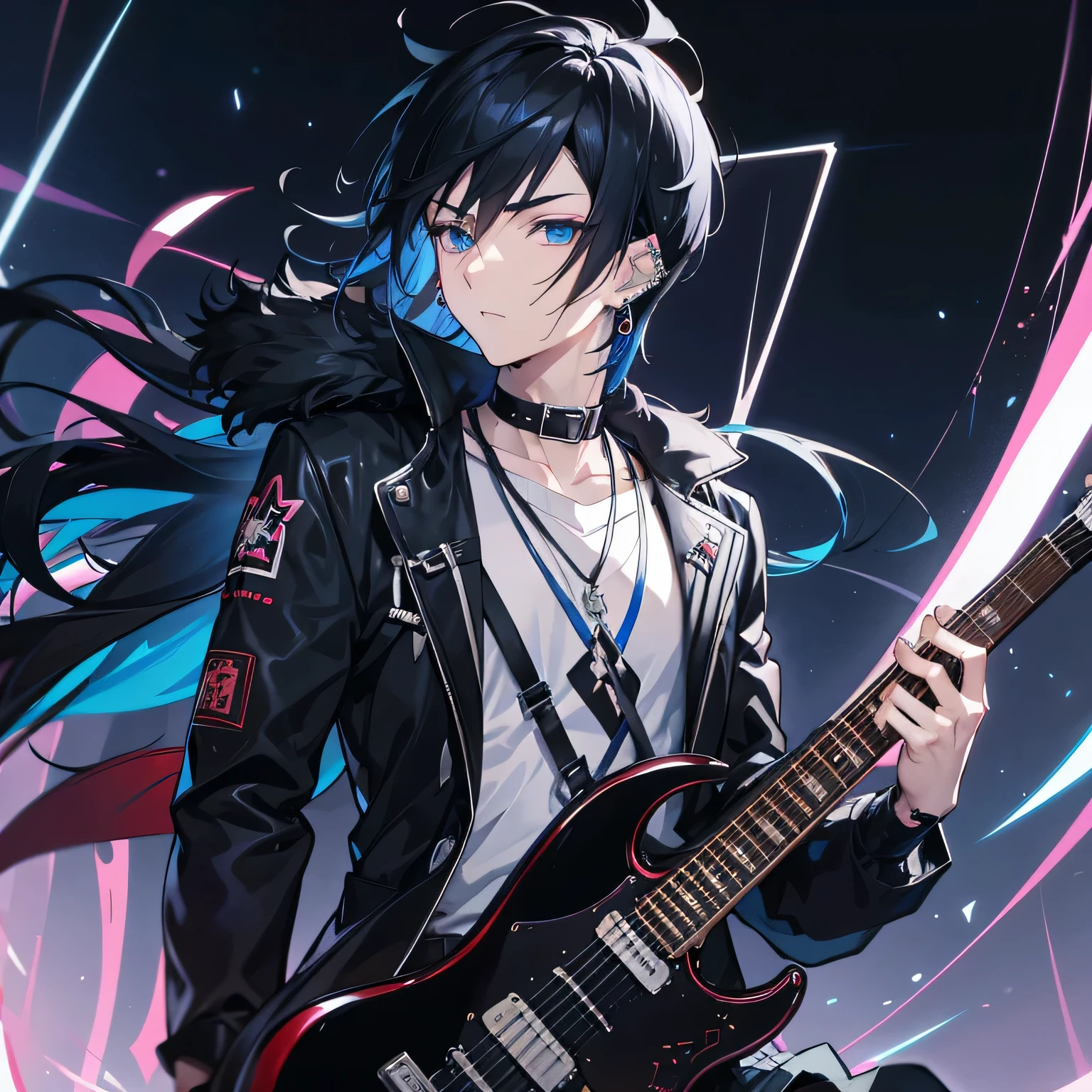 anime boy with black hair and piercings looking at the camera, tall anime man with blue eyes, Anime handsome man, Handsome Japanese demon boy, anime boy, male anime character, Male anime style, Stunning anime face portraits, Young anime man, Detailed anime character art, High-detail facial animation, Handsome anime eyes,dark blue long hair,Light blue eyes ,Left and right earrings ,Black Jacket Clothing,Half shorts,holding electric guitar,Standing and playing electric guitar ,Band atmosphere,Passionate playing,