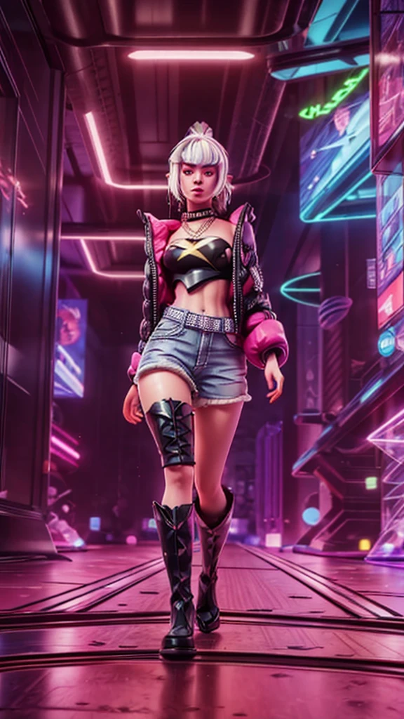 a girl in a futuristic city, neon lights, high-rise buildings, crowded streets, futuristic fashion, holographic displays, flying cars, rainy weather, cyberpunk atmosphere, digital art, vibrant colors, shiny surfaces, reflective glass, detailed facial features, thin eyebrows, dark makeup, stylish clothing, confident posture, intense gaze, mysterious aura, dynamic composition, realistic rendering, sharp focus, night scene, cinematic lighting, depth of field, urban landscape, bustling energy, technological advancements