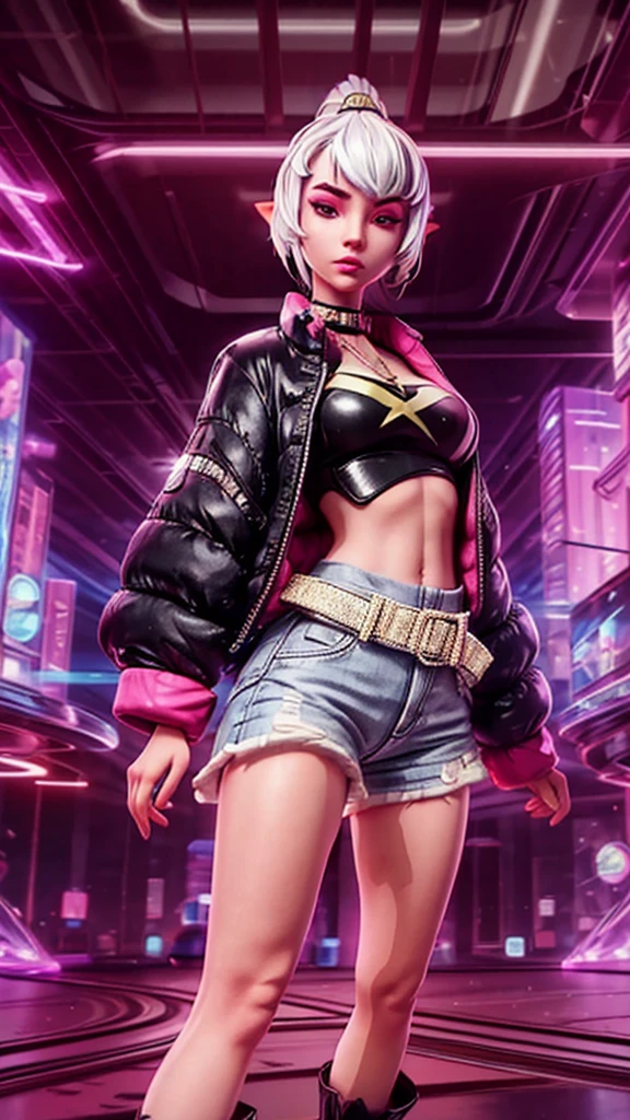 a girl in a futuristic city, neon lights, high-rise buildings, crowded streets, futuristic fashion, holographic displays, flying cars, rainy weather, cyberpunk atmosphere, digital art, vibrant colors, shiny surfaces, reflective glass, detailed facial features, thin eyebrows, dark makeup, stylish clothing, confident posture, intense gaze, mysterious aura, dynamic composition, realistic rendering, sharp focus, night scene, cinematic lighting, depth of field, urban landscape, bustling energy, technological advancements