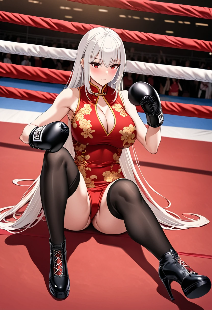 high quality,Mature beauty,White straight hair,Red Eyes,shy,blush,Wearing cheongsam,Black stockings，High heel,Wearing boxing gloves,Cleavage,Large Breasts,Camel toe,Long legs,Thin waist,Vest line,Absolute Domain,Sitting in the boxing ring with legs spread