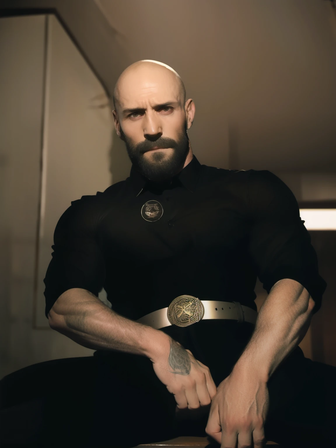 tall bald handsome man with beard, daddy, dark tattoos, lean fit body, black shirt, 30yo, dynamic lighting, lean body, black button up shirt, black belt, silver emblem on shirt, character sheet, sitting on bench, man spread, laid back personality