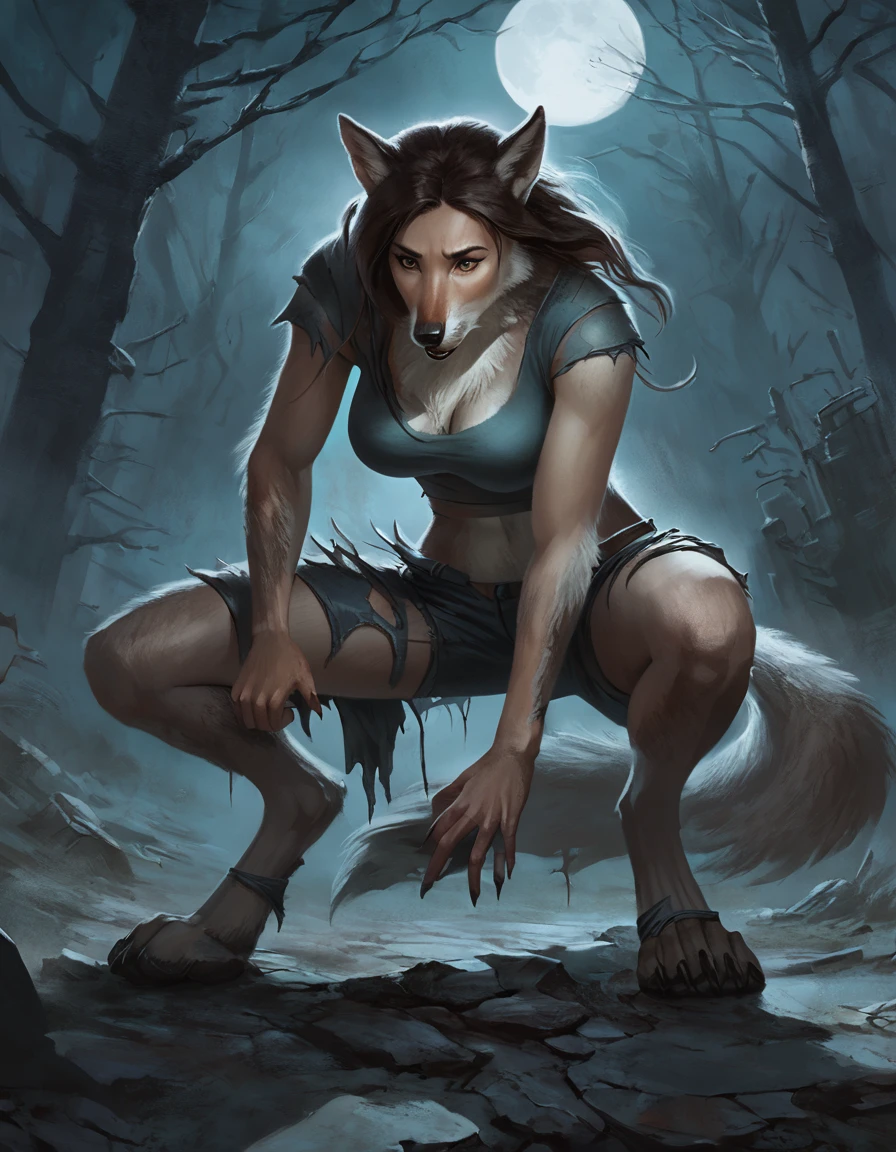 Woman mid transformation into wolf, concept art, pecs, torn clothes, masterpiece, fur, snout, high quality, feet, crouching, night, all fours, dark nipples, looking at own hand