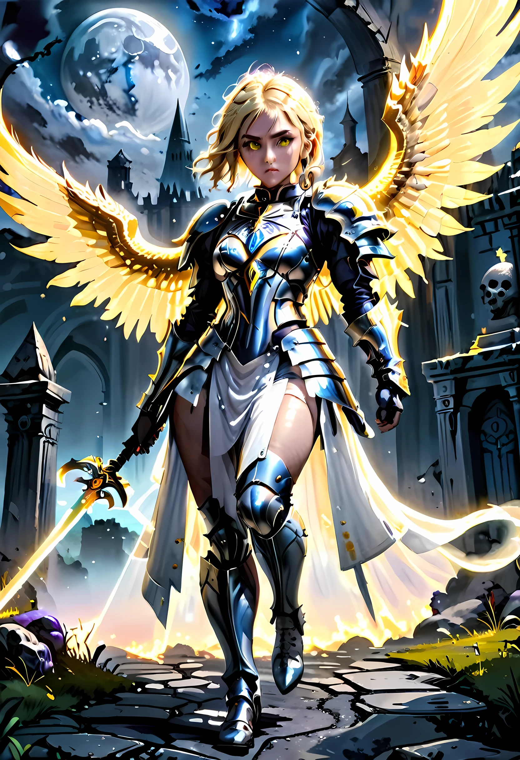 16K, ultra detailed, masterpiece, best quality, (extremely detailed), arafed, dnd art, portrait, full body, aasimar, female, (Masterpiece 1.3, intense details), female, paladin, holy warrior fighting undead (Masterpiece 1.3, intense details) large angelic wings, white angelic wings spread (Masterpiece 1.3, intense details), dark fantasy cemetery background, moon light, moon, stars, clouds, wearing (white: 1.1)  armor (Masterpiece 1.3, intense details), holy symbol, armed with sword, short blond hair,  detailed face, (Masterpiece 1.5, best quality), anatomically correct (Masterpiece 1.3, intense details), angel_wings, determined face, god rays, cinematic lighting, glowing light, silhouette, from outside, photorealism, panoramic view  (Masterpiece 1.3, intense details) , Wide-Angle, Ultra-Wide Angle, 8k, highres, best quality, high details, armored dress, feathered wings, GlowingRunesAI_yellow