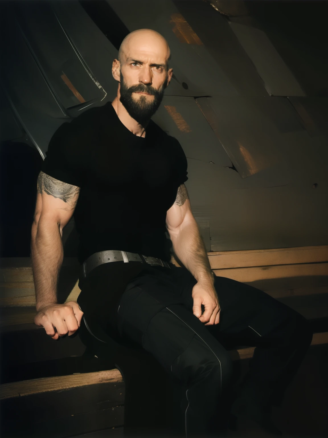 tall bald handsome man with beard, daddy, dark tattoos, lean fit body, black shirt, 30yo, dynamic lighting, lean body, black belt, silver emblem on shirt, character sheet, sitting on bench, man spread, laid back personality, full body, skater shoes, loose cargo pants