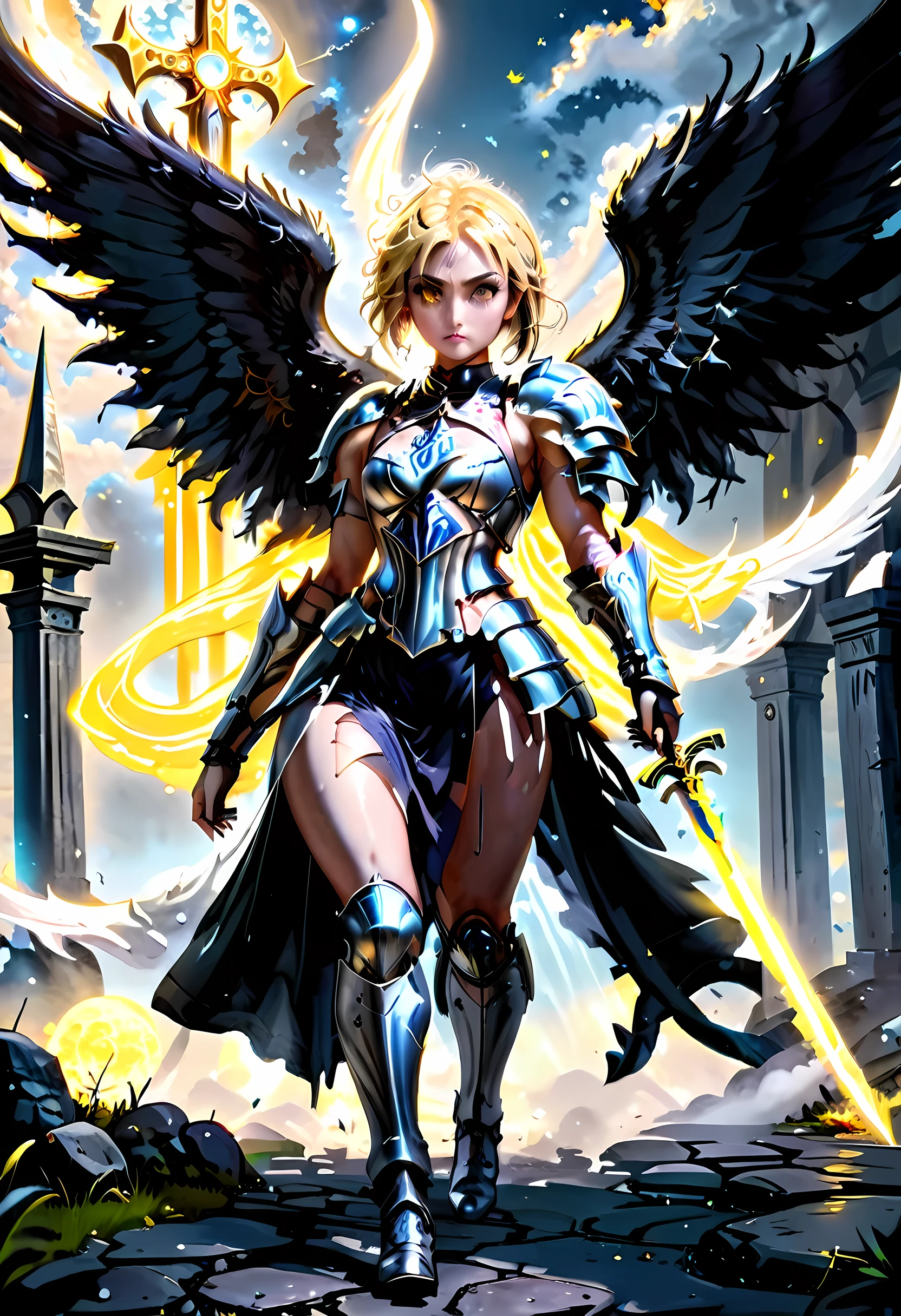 16K, ultra detailed, masterpiece, best quality, (extremely detailed), arafed, dnd art, portrait, full body, aasimar, female, (Masterpiece 1.3, intense details), female, paladin, holy warrior fighting undead (Masterpiece 1.3, intense details) large angelic wings, white angelic wings spread (Masterpiece 1.3, intense details), dark fantasy cemetery background, moon light, moon, stars, clouds, wearing (white: 1.1)  armor (Masterpiece 1.3, intense details), holy symbol, armed with sword, short blond hair,  detailed face, (Masterpiece 1.5, best quality), anatomically correct (Masterpiece 1.3, intense details), angel_wings, determined face, god rays, cinematic lighting, glowing light, silhouette, from outside, photorealism, panoramic view  (Masterpiece 1.3, intense details) , Wide-Angle, Ultra-Wide Angle, 8k, highres, best quality, high details, armored dress, feathered wings, GlowingRunesAI_yellow