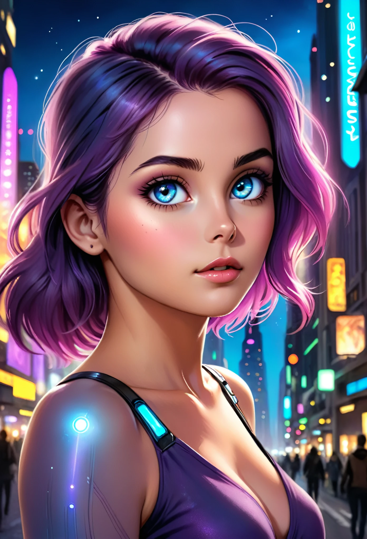 Watercolor hand drawing, Colorful, cute woman walking through a futuristic cityscape, seductive look and sexy, A hyper-realistic, cinematic lighting, delicate detail, highly detailed face and eyes, Masterpiece, adorable, astounding, Exquisite, captivating, polished, Excellent, stupendous, vivid colors, Hair illumination, voluminous lighting, 8K, Perfect eyes, expressive eyes, Smoke particles fx, mist, bokeh