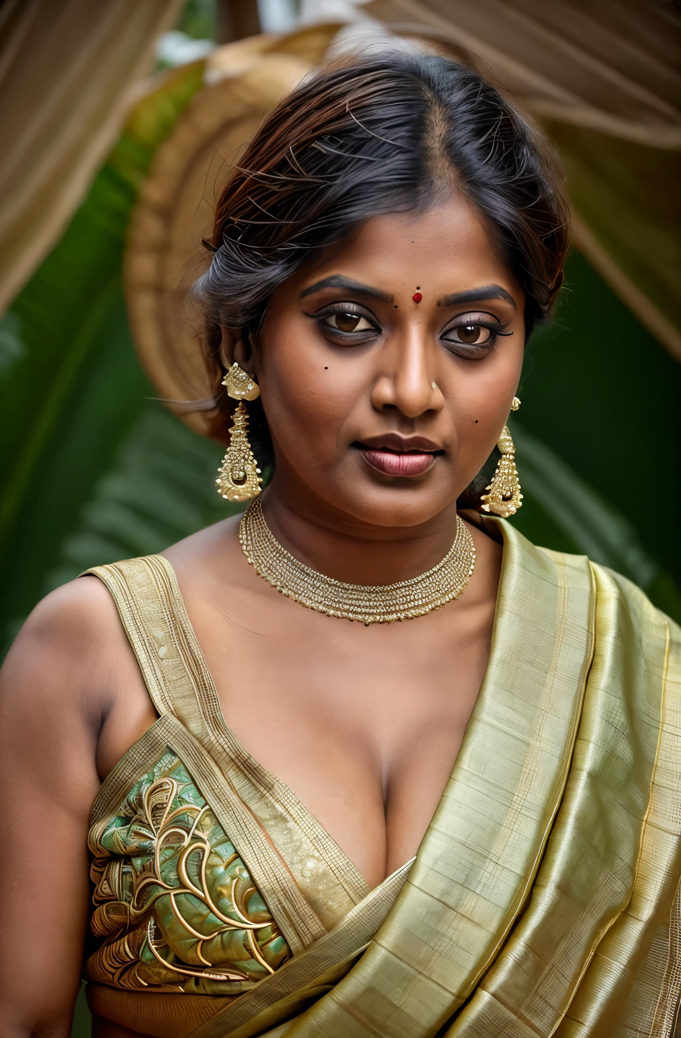 Looks like Indian Actress Ester Noronha, An Extremely gorgeous and beautiful Bengali village woman, 45 yo, pale white skin, sensual appealing body, perfect thick and chubby Beauty, wearing saree bare-chested, wearing a Bengali-style saree without a blouse,, ethnic vintage bengali village woman, bengali style saree, The sari was worn without a blouse and petticoat before the British Raj, baring one's chest or being blouseless,  Bengalis a.k.a. Bongs are known for their unique Bengali fashion sense (the way they don that sari makes you go wow), Pre British Raj, Pre colonial era, Bengali Woman draping sari without blouse is a normal thing in pre British Era, bong woman, wearing kajal or kohl or kajol in eyes, 