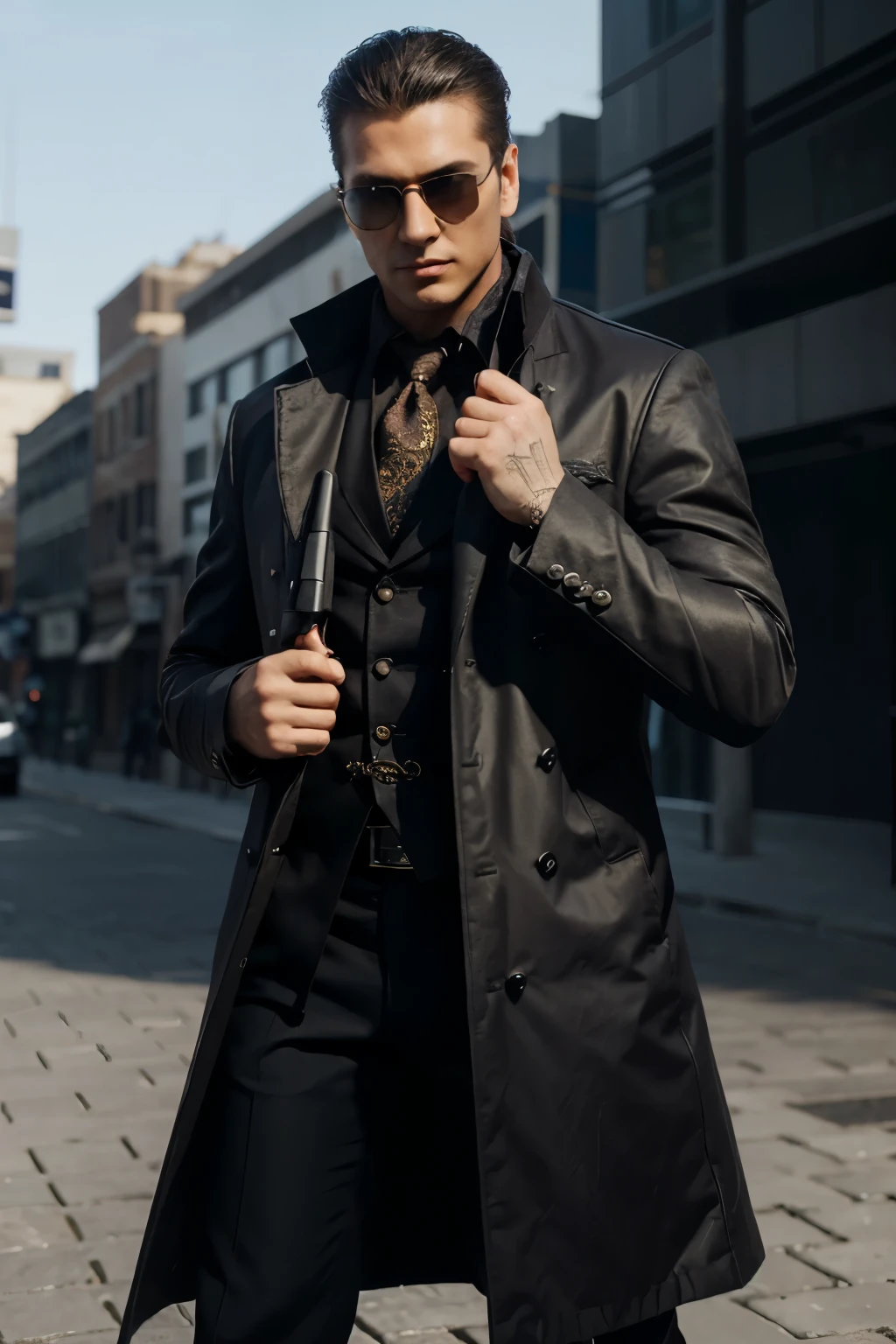 ambient light avant-grade style details accessory gun in hand dynamic pose mafia man intricate designer high fashion costume character photorealistic wearing sunglasses wearing long coat charismatic stylish 3d game character costume design