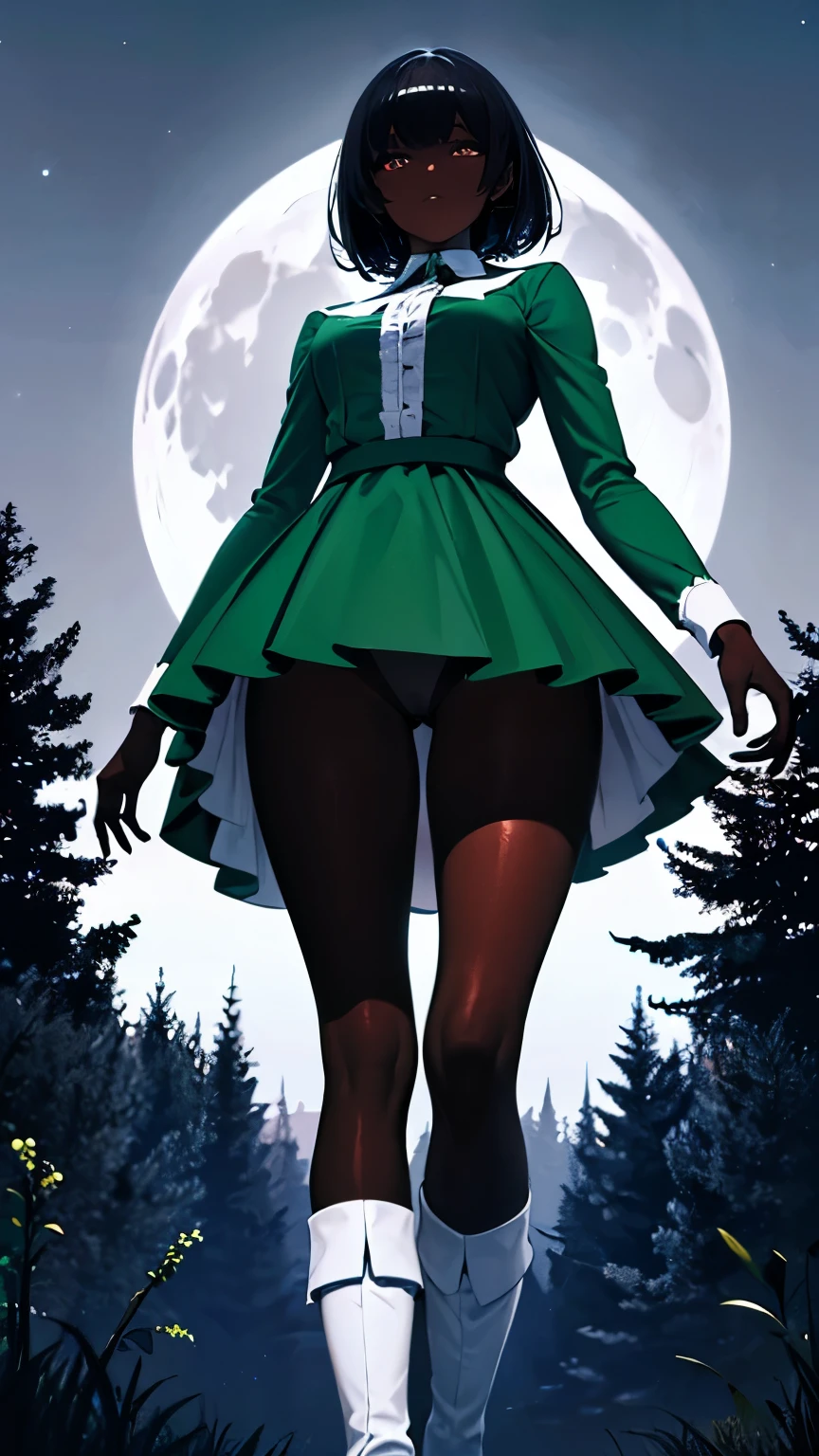 dark skin girl, green clothes, long-sleeves puffy shirt, tulle skirt, white boots, forest at night, moonlight, giant moon, darkness, view from below, (UHD, masterpiece, ccurate, anatomically correct, textured skin, super detail, high details, award winning, best quality, 8k)