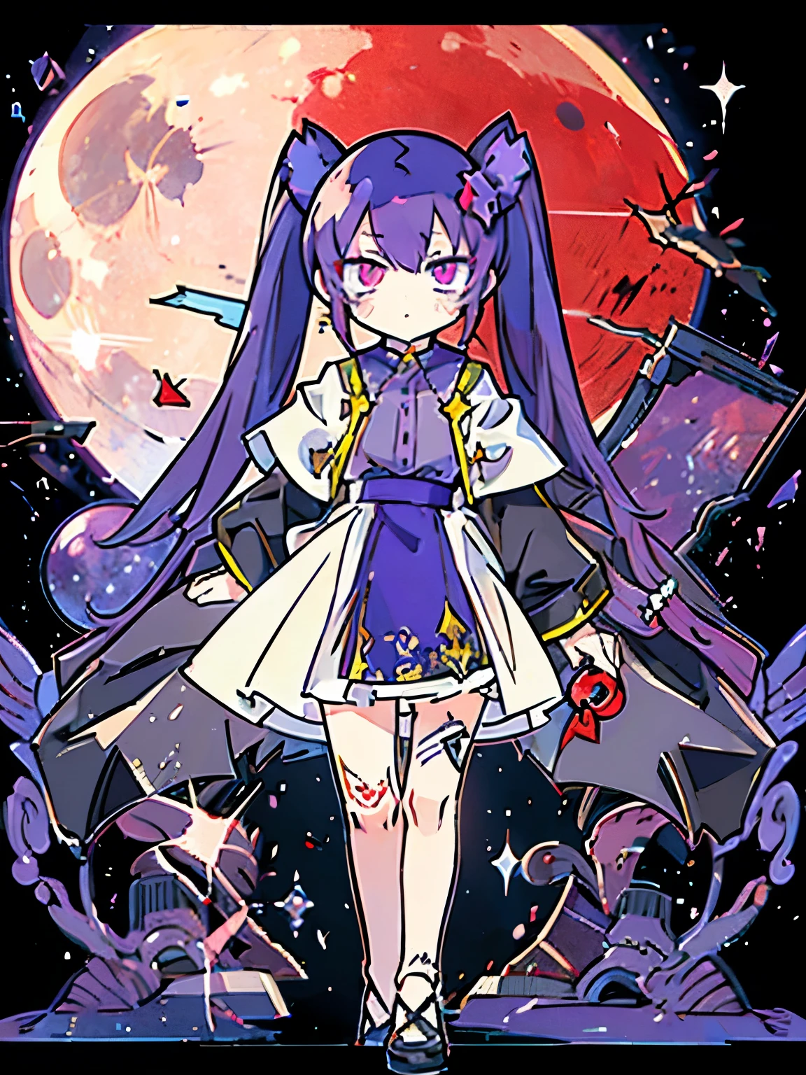 A short dark purple hair girl with long twintail hair. She is a half vampire. She have red eye. She wear boyish looking cloth tat make him look like a prince. Have star and moon related power. 