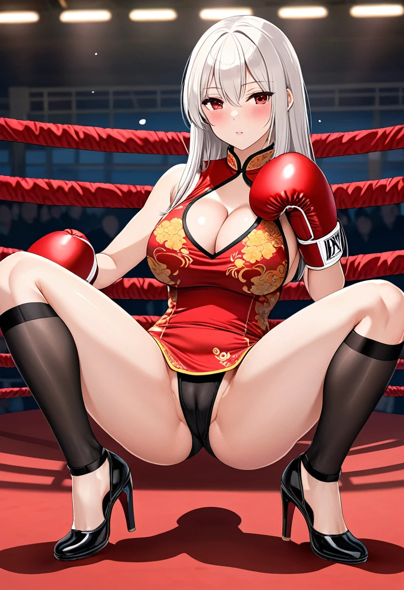 high quality,Mature beauty,White straight hair,Red Eyes,shy,blush,Wearing cheongsam,Black stockings，High heel,Wearing boxing gloves,Cleavage,Large Breasts,Camel toe,Long legs,Thin waist,Vest line,Absolute Domain,Sitting in the boxing ring with legs spread