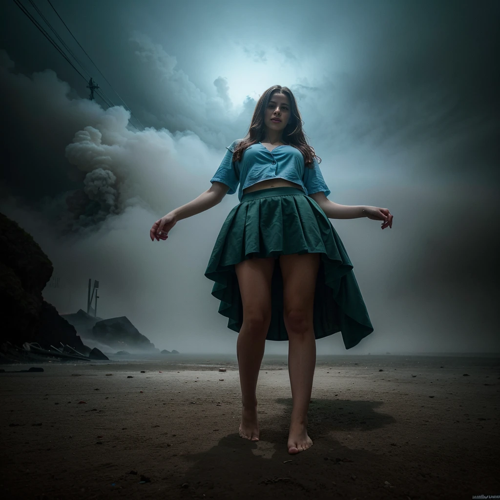 A highly detailed and hyper-realistic depiction of a princess in green skirt, in blue shirt, wearing white panties, Realistic hands. ((full body)), mybeauties, The perspective is from below. ((Full body, bare feet)). The character is surrounded by mist, evoking a mysterious and eerie atmosphere. The lighting is dark and atmospheric, with a red smoke adding a touch of sinister ambiance. The image is of the best quality, with a resolution of 4k and HDR enhancement, showcasing the utmost level of detail and realism, sfw, full body shot.